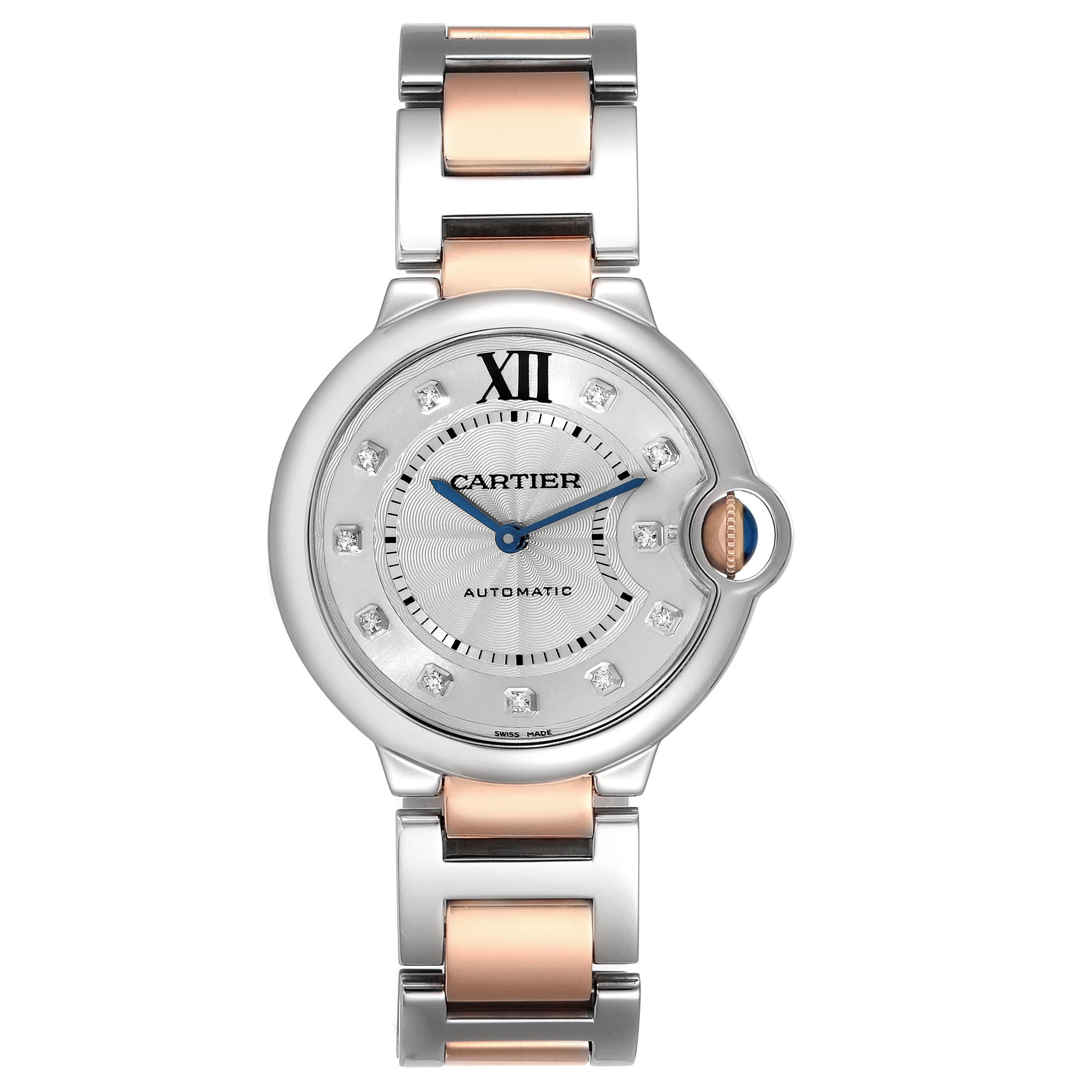 Cartier Ballon Bleu Midsize Steel Rose Gold Diamond Ladies Watch W3BB0018. Automatic self-winding movement. Stainless steel case 36 mm in diameter. 18k rose gold fluted crown set with a blue spinel cabochon. Stainless steel smooth bezel. Scratch