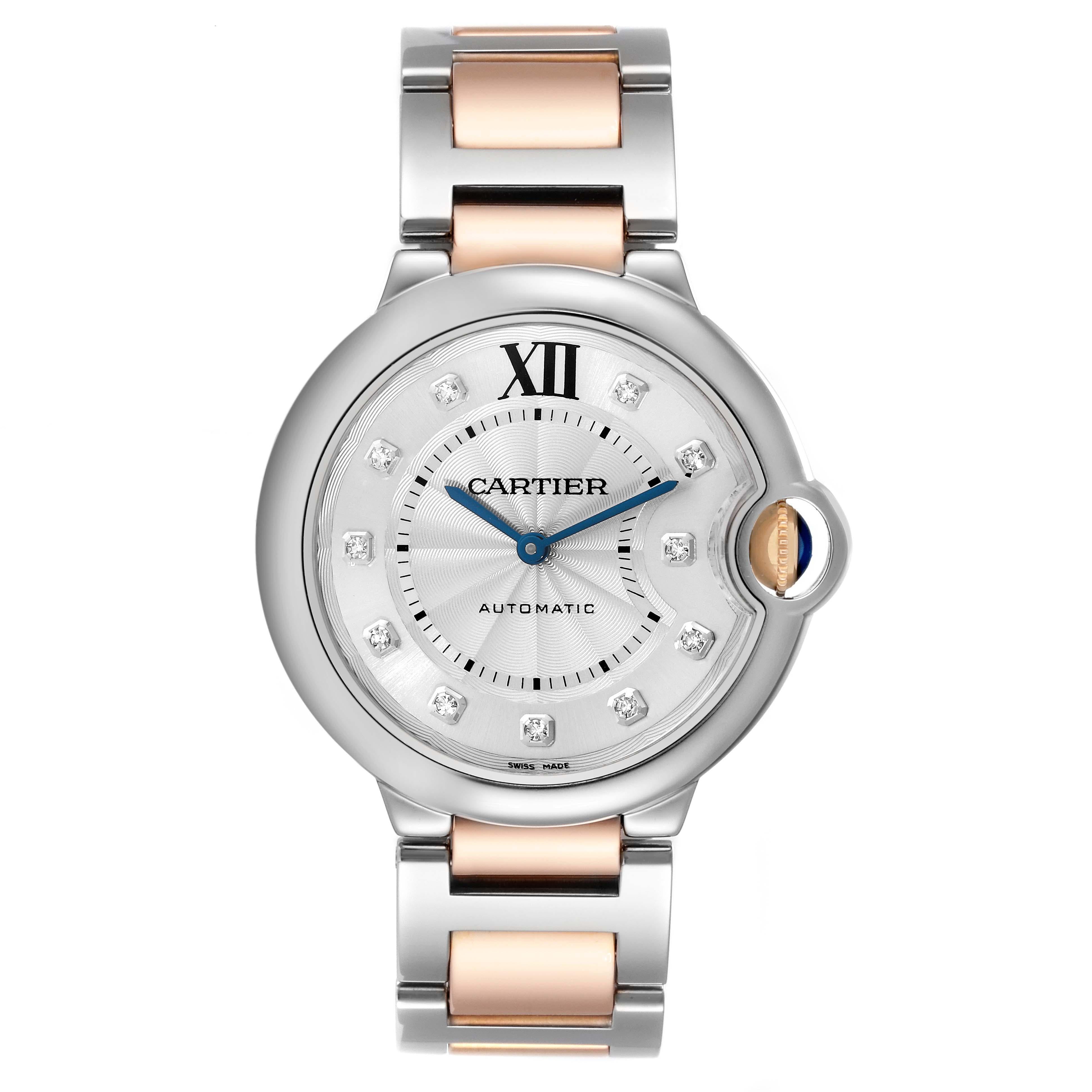 Cartier Ballon Bleu Midsize Steel Rose Gold Diamond Ladies Watch W3BB0018 Papers. Automatic self-winding movement. Stainless steel case 36 mm in diameter. 18k rose gold fluted crown set with a blue spinel cabochon. Stainless steel smooth bezel.