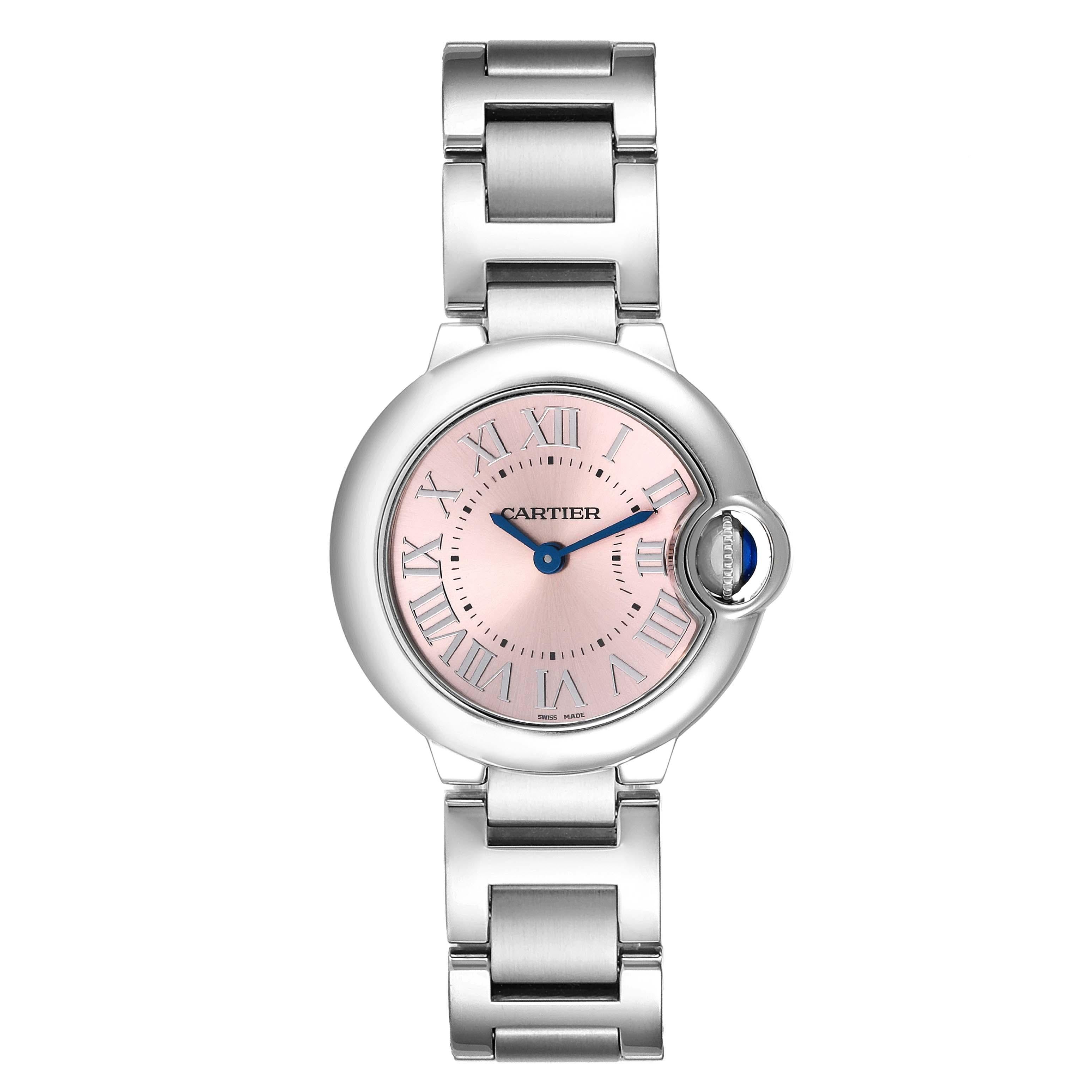 Cartier Ballon Bleu Pink Dial 28mm Steel Ladies Watch W6920038 Box Papers. Quartz movement. Round stainless steel case 28 mm in diameter. Fluted crown set with the blue spinel cabochon. Stainless steel smooth bezel. Scratch resistant sapphire