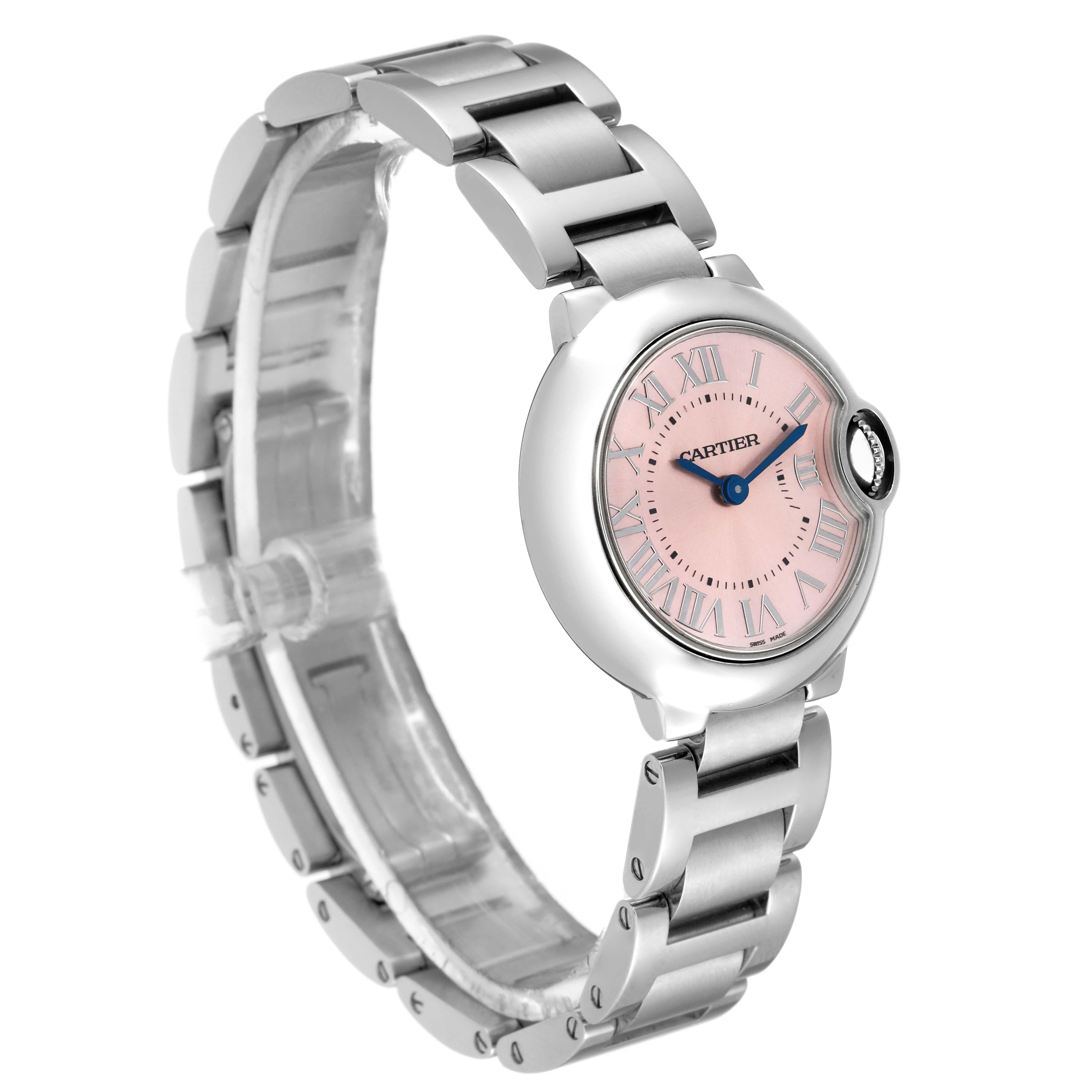 Cartier Ballon Bleu Pink Dial 28mm Steel Ladies Watch W6920038 Box Papers In Excellent Condition In Atlanta, GA