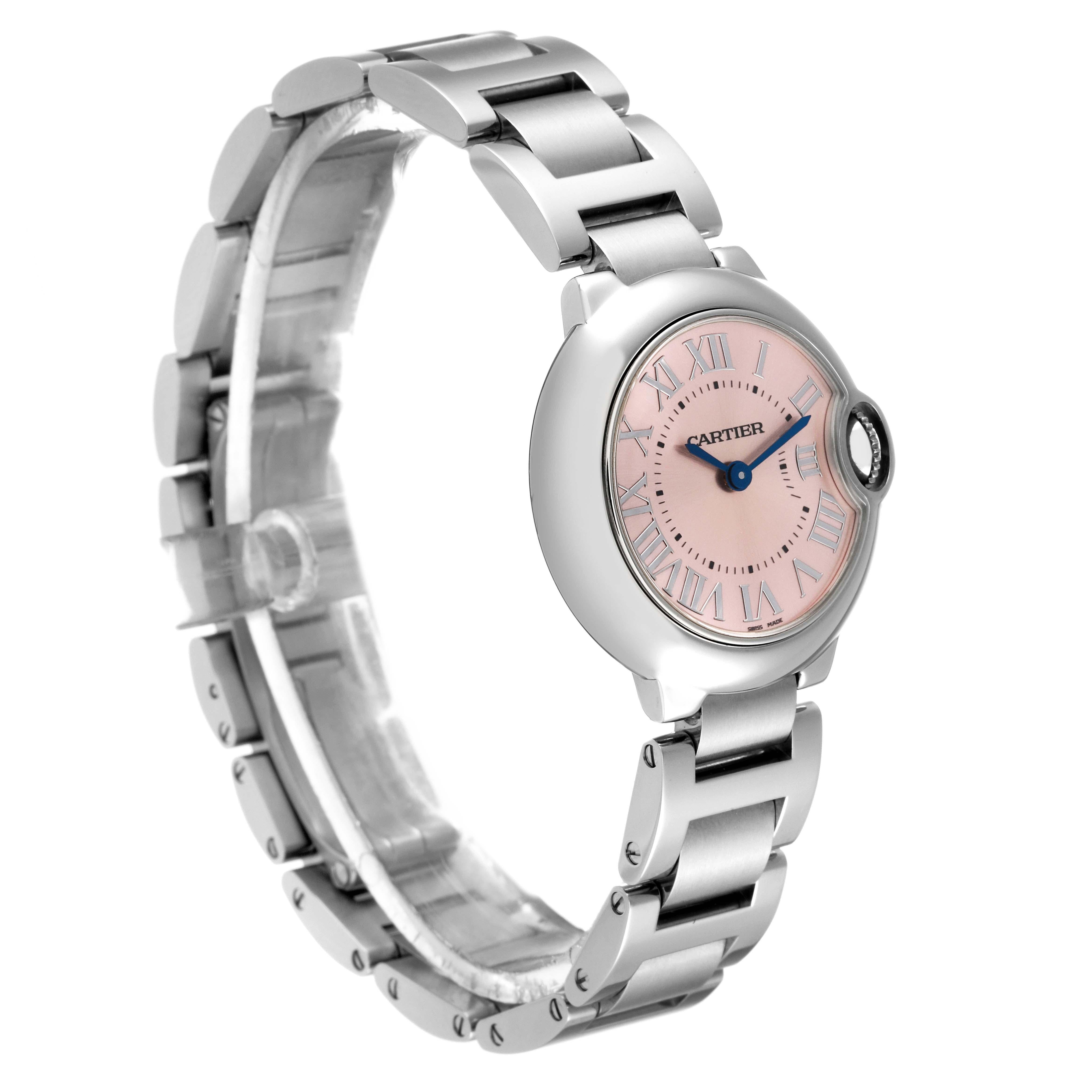 Cartier Ballon Bleu Rosa Zifferblatt 28mm Stahl Damenuhr W6920038 Box Papiere im Zustand „Hervorragend“ in Atlanta, GA