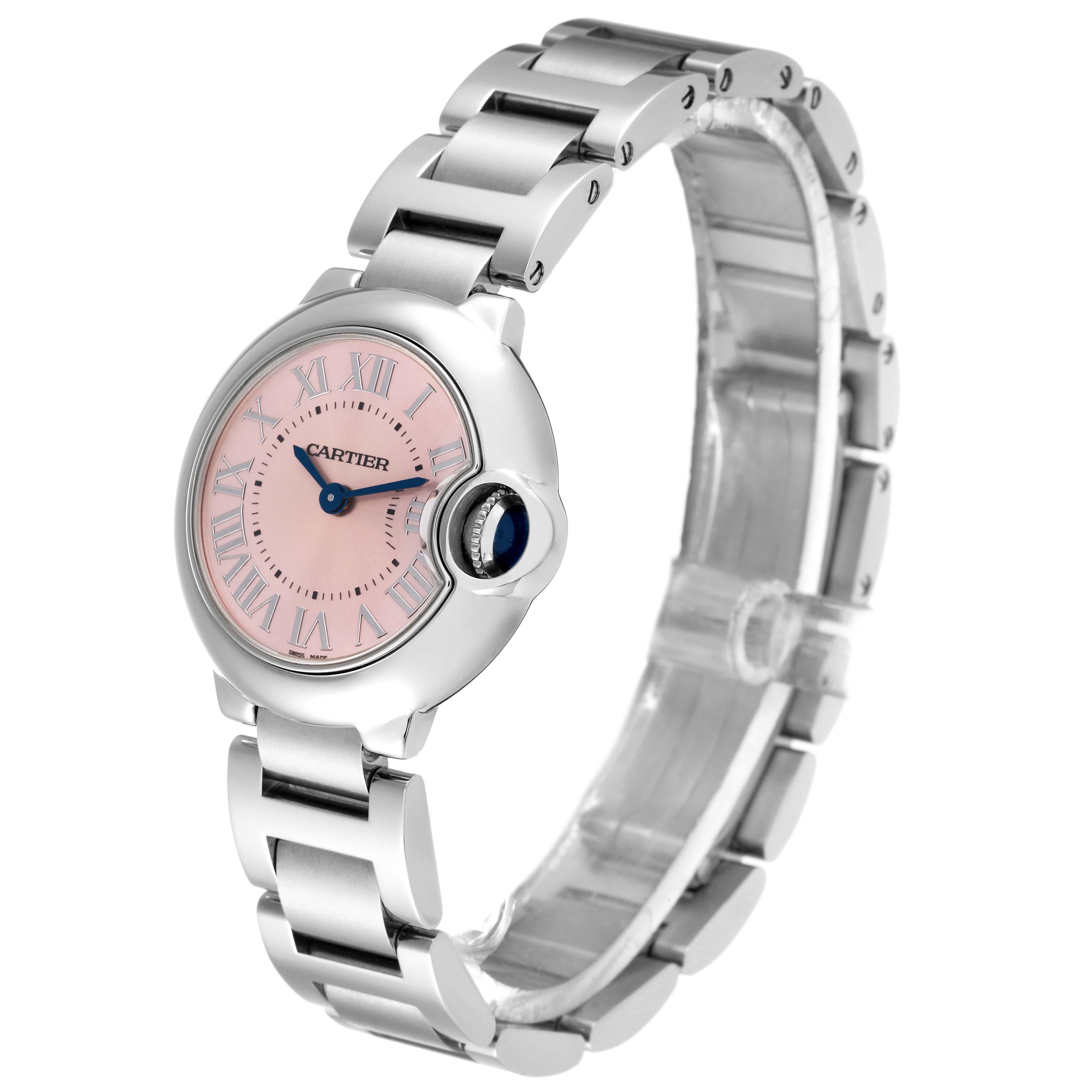 Cartier Ballon Bleu Rosa Zifferblatt 28mm Stahl Damenuhr W6920038 Box Papiere 1