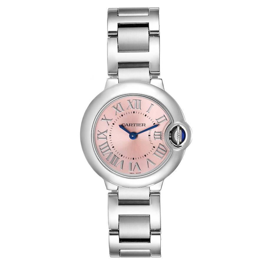 Cartier Ballon Bleu Pink Dial 28mm Steel Ladies Watch W6920038. Quartz movement. Round stainless steel case 28 mm in diameter. Fluted crown set with the blue spinel cabochon. Stainless steel smooth bezel. Scratch resistant sapphire crystal. Pink