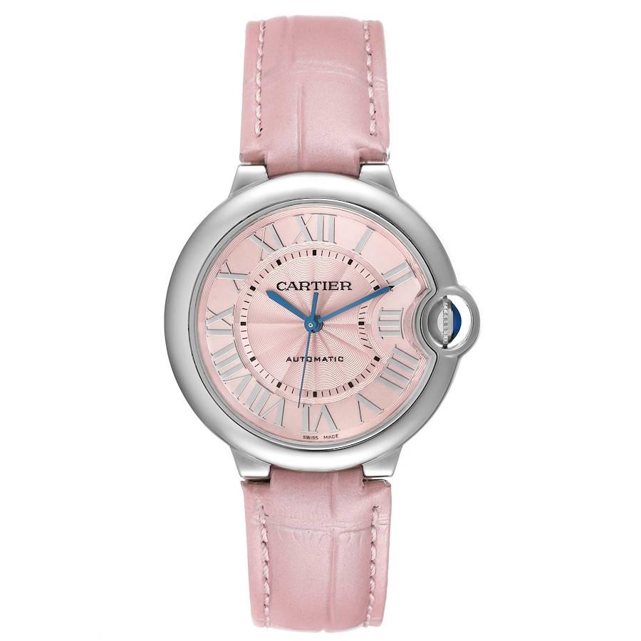 Cartier Ballon Bleu Pink Dial Leather Strap Steel Ladies Watch WSBB0007 Papers. Automatic self-winding movement. Round stainless steel case 36 mm in diameter. Fluted crown set with the blue spinel cabochon. Fixed stainless steel smooth bezel.