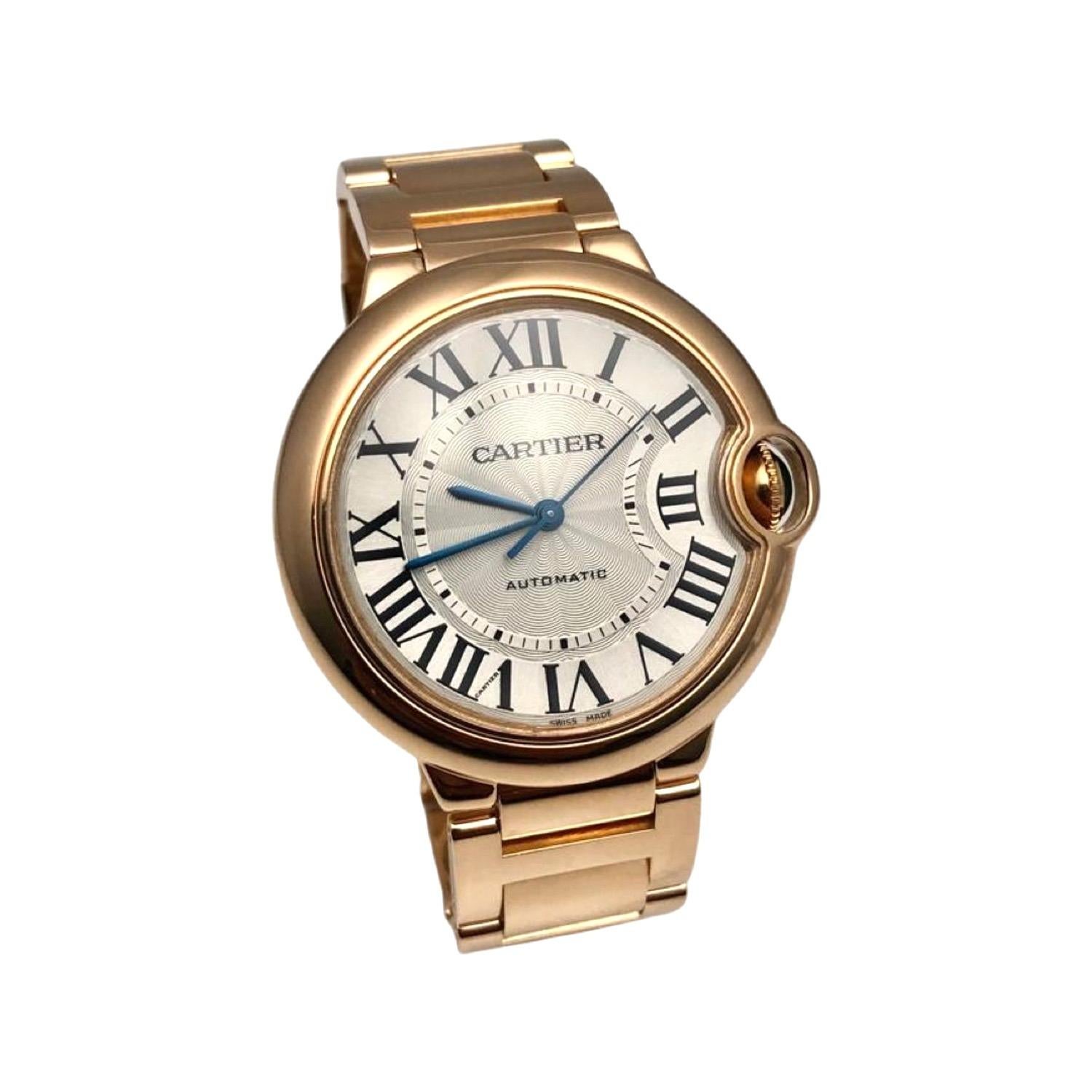 Brand: Cartier

Model: Ballon Bleu 

Movement: Automatic 

Case Size: 36 mm 

Dial: Roman Numeral Hour Markers

Bezel: 18K Rose Gold 

Case Material: 18K Rose Gold 

Band Material:  18K Rose Gold

Crystal: Scratch-Resistant Sapphire Glass

Includes: