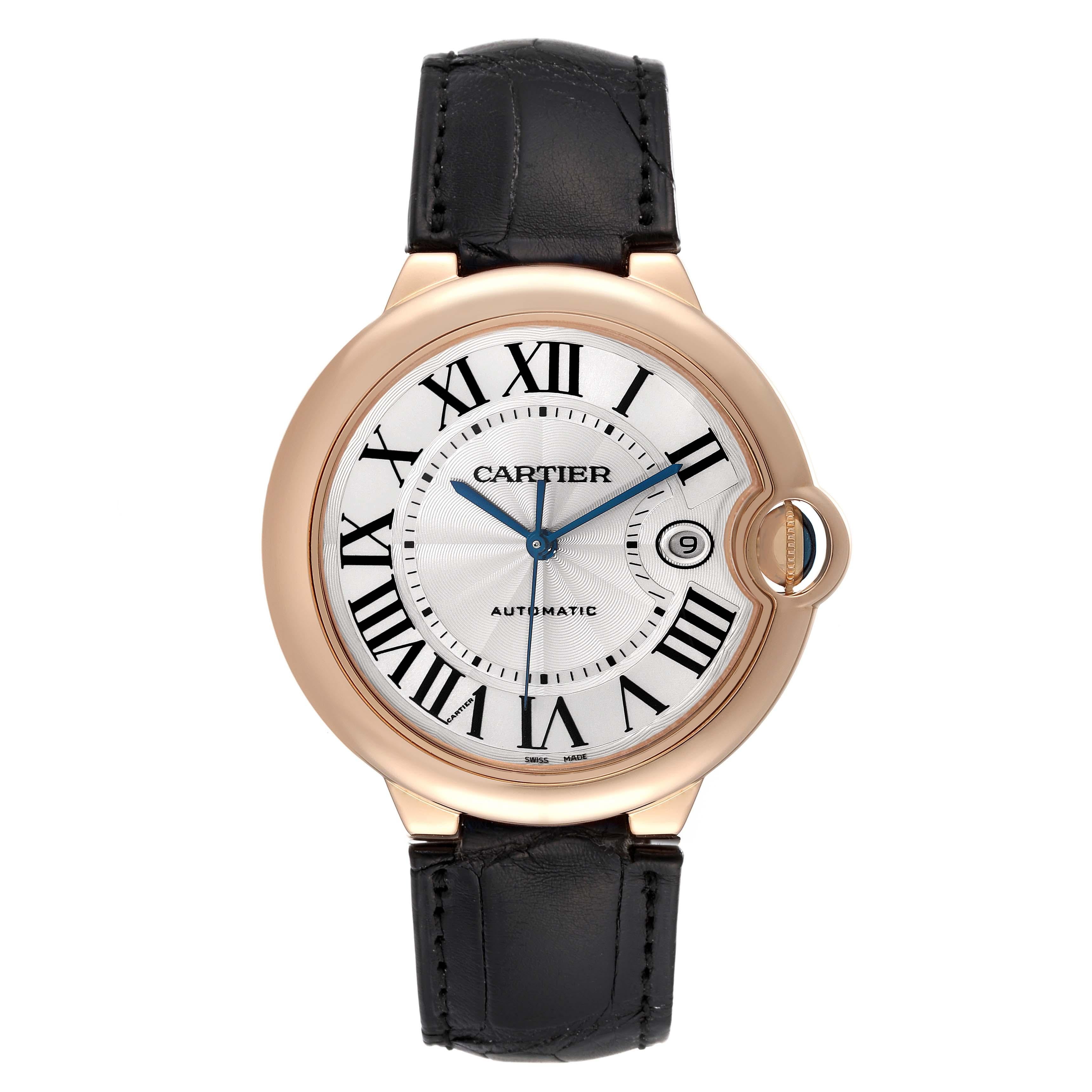 Cartier Ballon Bleu Rose Gold Automatic Mens Watch W6900651. Automatic self-winding movement. 18K rose gold case 42.0 mm in diameter. Fluted crown set with the blue sapphire cabochon. 18K rose gold smooth bezel. Scratch resistant sapphire crystal.