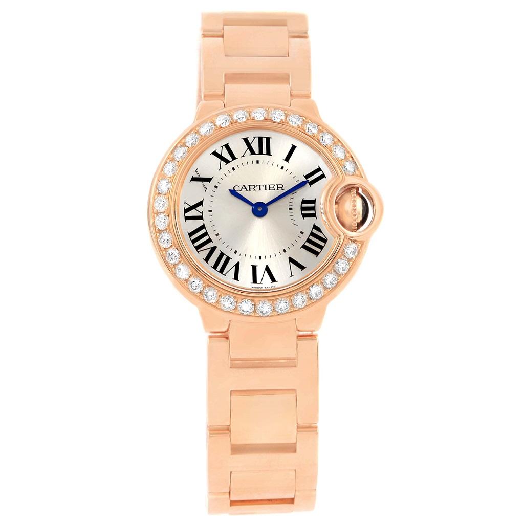 Cartier Ballon Bleu Rose Gold Diamond Ladies Watch WE9002Z3 Box Papers. Quartz movement. Round 18K rose gold case 29.0 mm in diameter. Case thickness: 9.35 mm. Fluted crown set with the blue sapphire cabochon. Fixed 18K rose gold diamond bezel.