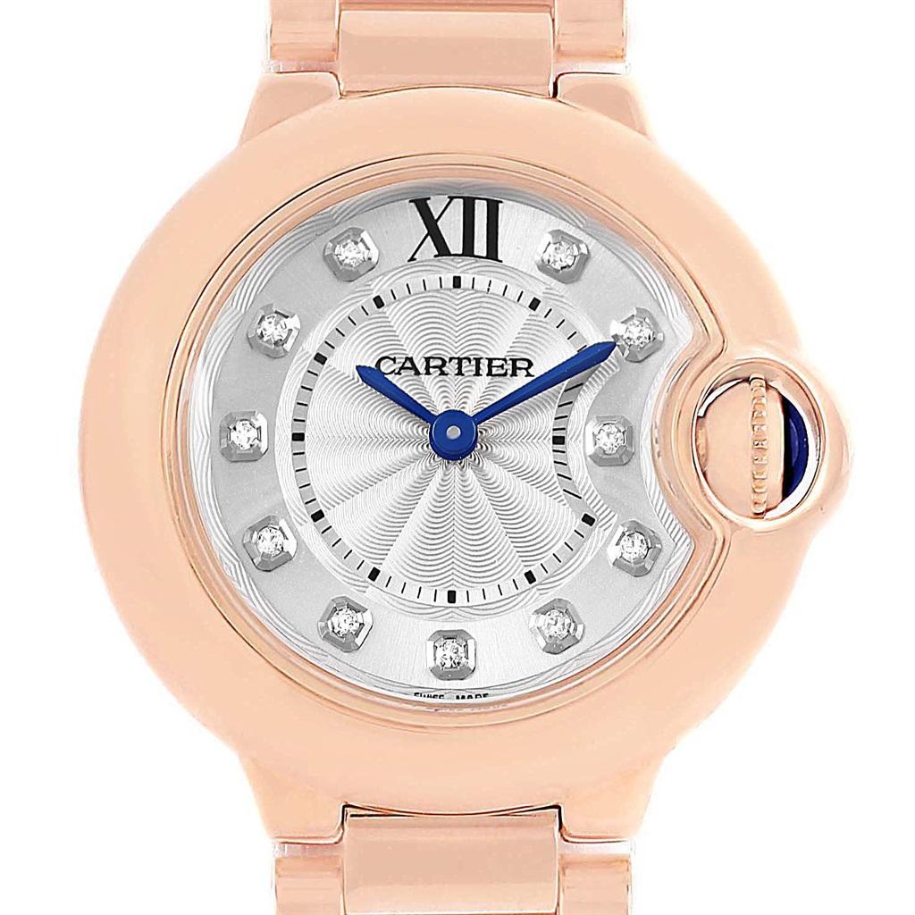 Cartier Ballon Bleu Rose Gold Diamond Ladies Watch WJBB0016 Box. Quartz movement. Round 18K rose gold case 28.0 mm in diameter. Case thickness: 9.35 mm. Fluted crown set with the blue sapphire cabochon. Fixed 18K rose gold smooth bezel. Scratch