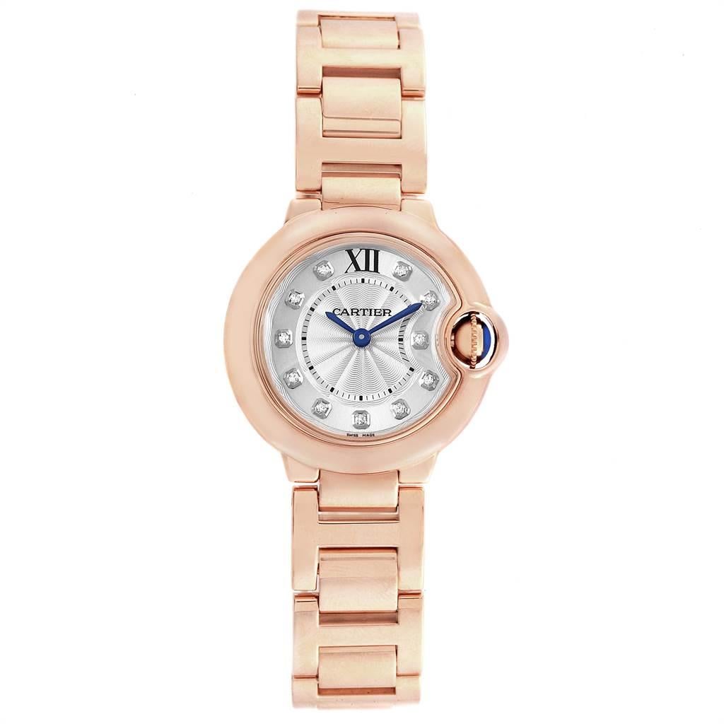 Cartier Ballon Bleu Rose Gold Diamond Ladies Watch WJBB0016 Box. Quartz movement. Round 18K rose gold case 28.0 mm in diameter. Case thickness: 9.35 mm. Fluted crown set with the blue sapphire cabochon. Fixed 18K rose gold smooth bezel. Scratch