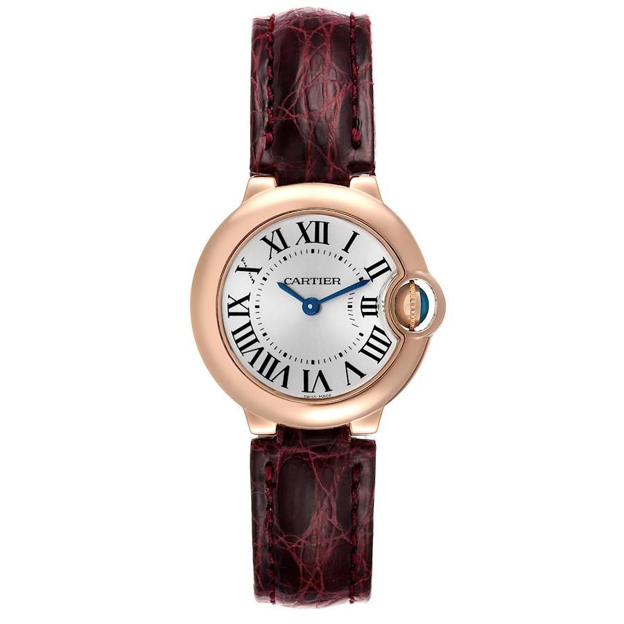 Cartier Ballon Bleu Silver Dial 18K Rose Gold Ladies Watch W6900256. Quartz movement. Caliber 057. Round 18k rose gold case 28.0 mm in diameter. Fluted crown set with the blue spinel cabochon. 18k rose gold smooth bezel. Scratch resistant sapphire