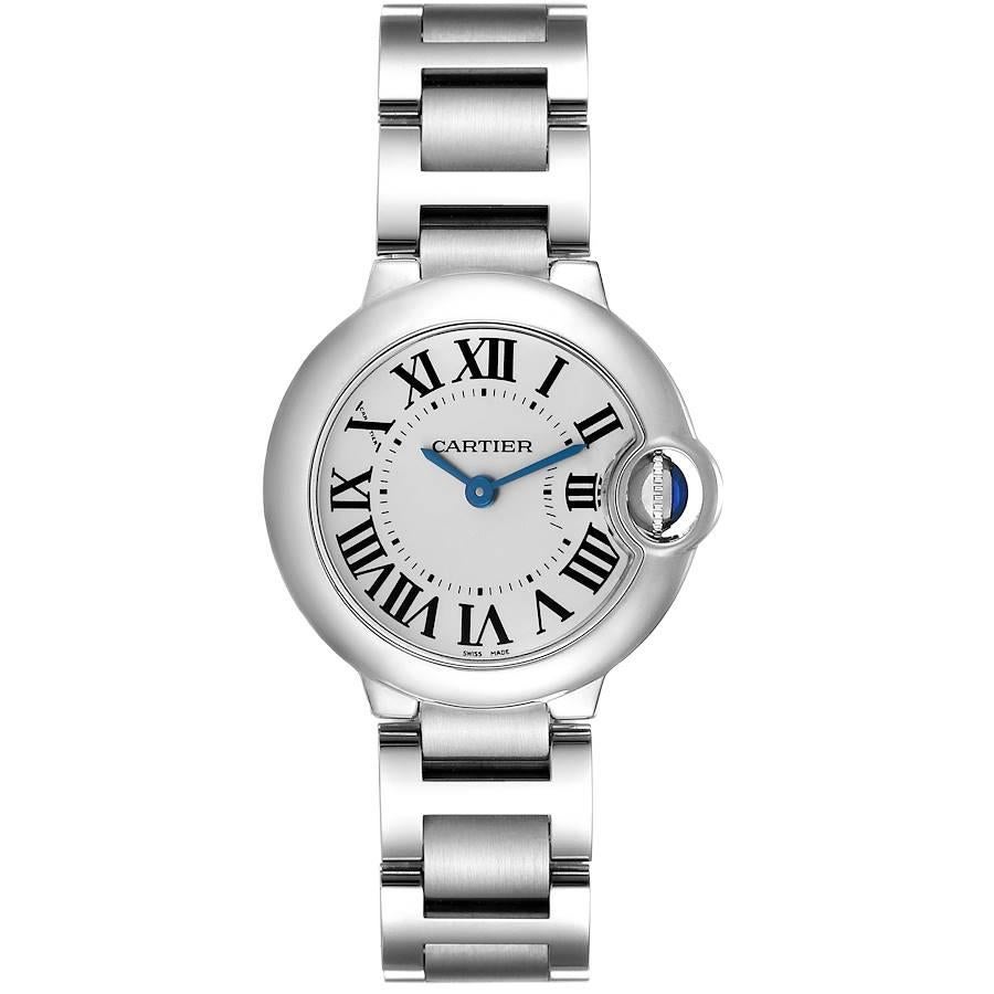 Cartier Ballon Bleu Silver Dial Quartz Steel Ladies Watch W69010Z4 Box Papers. Quartz movement. Round stainless steel case 28.0 mm in diameter. Fluted crown set with the blue spinel cabochon. Stainless steel smooth bezel. Round stainless steel case