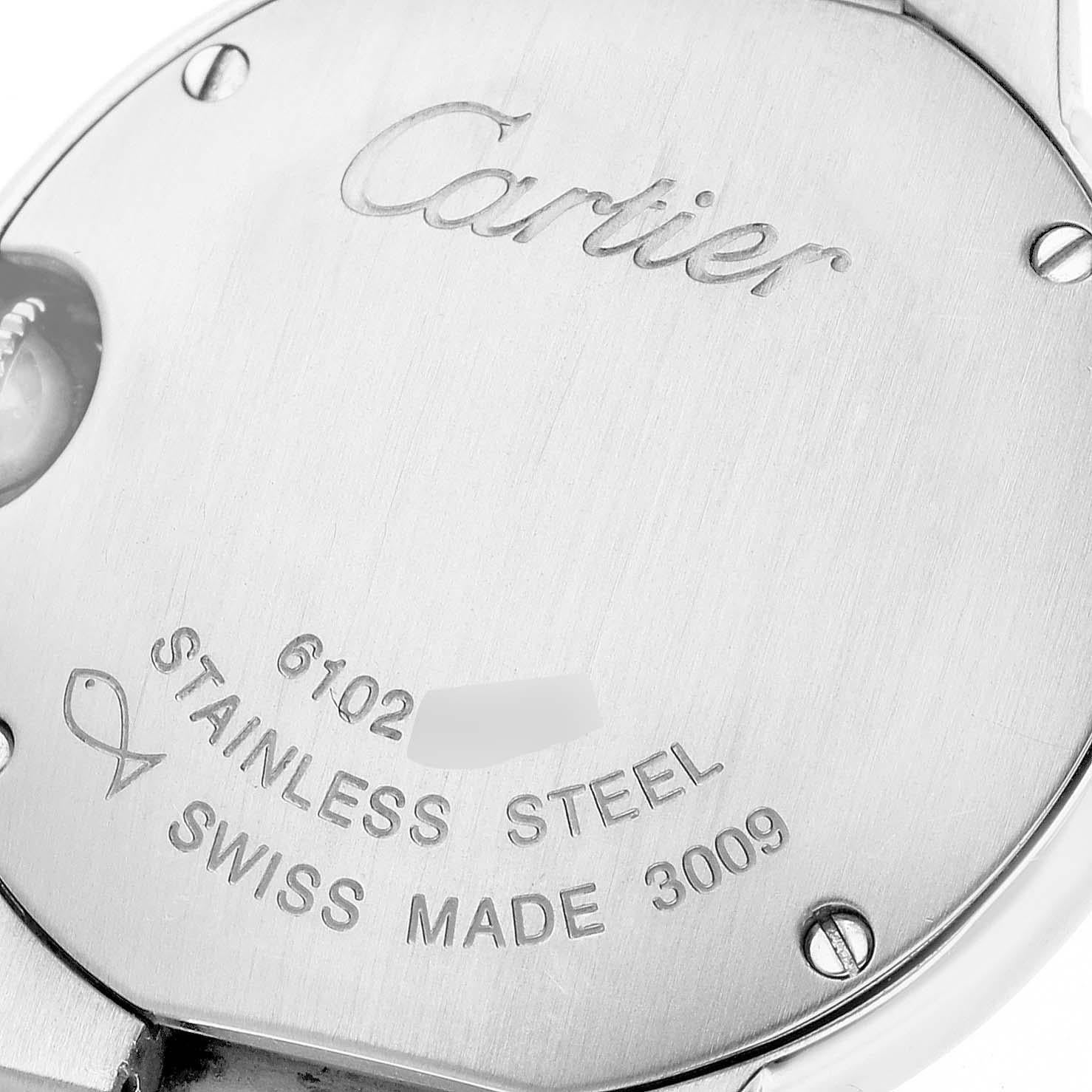 Cartier Ballon Bleu Silver Dial Quartz Steel Ladies Watch W69010Z4 Box Papers. Quartz movement. Round stainless steel case 28.0 mm in diameter. Fluted crown set with a blue spinel cabochon. Stainless steel smooth bezel. Scratch resistant sapphire