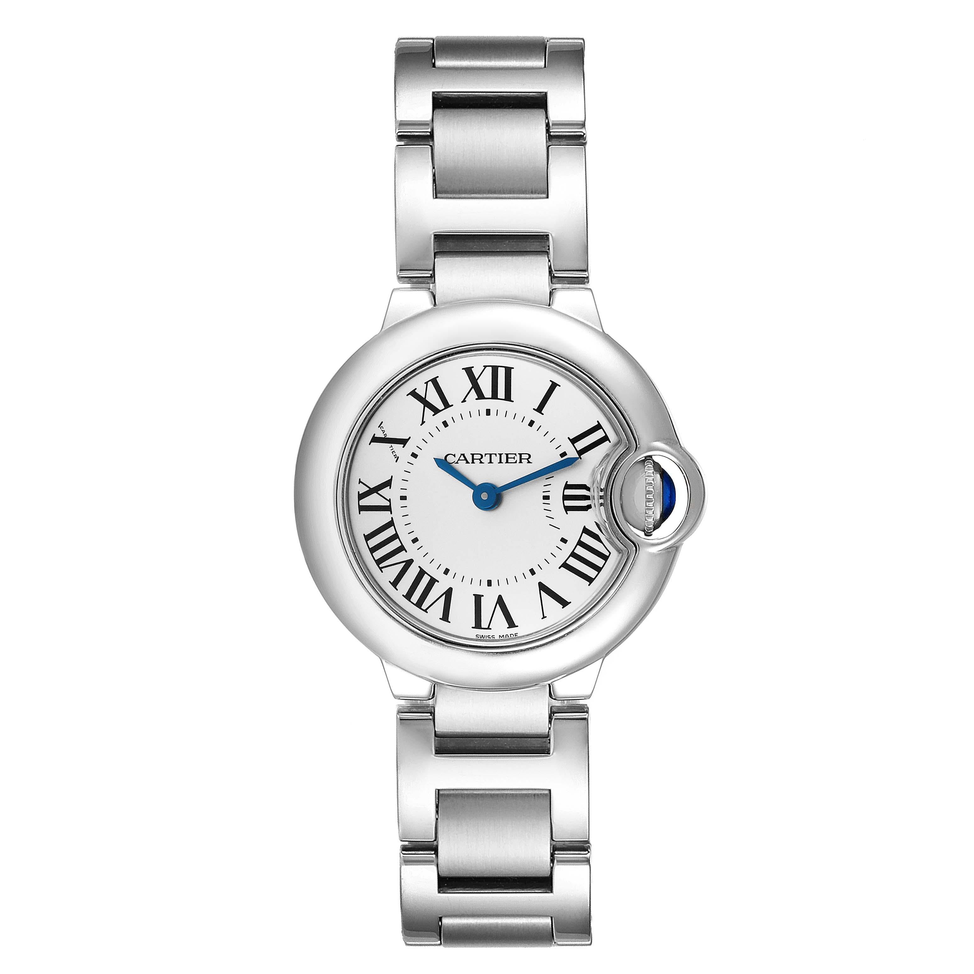 Cartier Ballon Bleu Silver Dial Quartz Steel Ladies Watch W69010Z4. Quartz movement. Round stainless steel case 28.0 mm in diameter. Fluted crown set with a blue spinel cabochon. Stainless steel smooth bezel. Scratch resistant sapphire crystal.