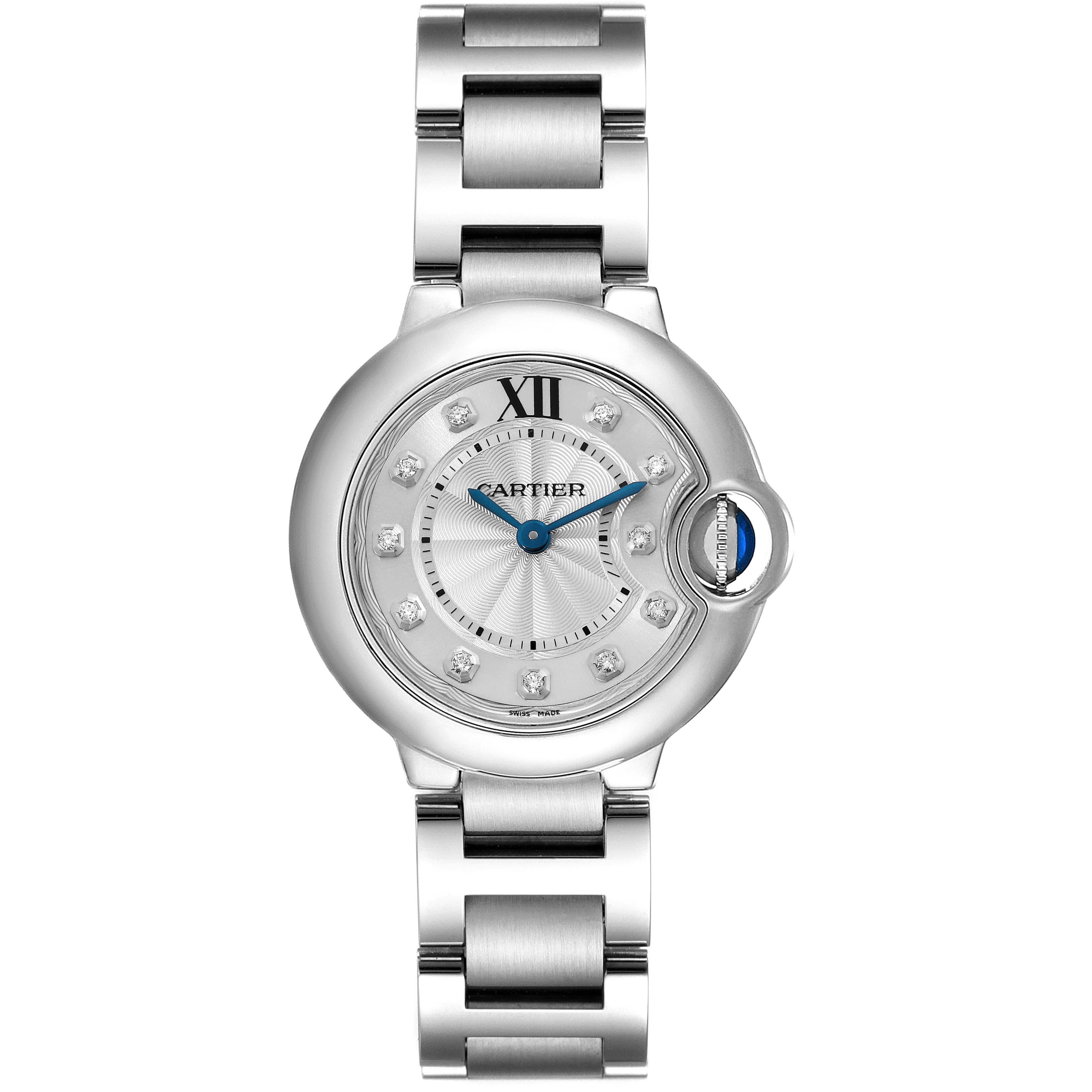 Cartier Ballon Bleu Silver Diamond Dial Steel Ladies Watch WE902073 Card. Quartz movement. Caliber 049. Round stainless steel case 29.0 mm in diameter. Fluted crown set with the blue spinel cabochon. Stainless steel smooth bezel. Scratch resistant