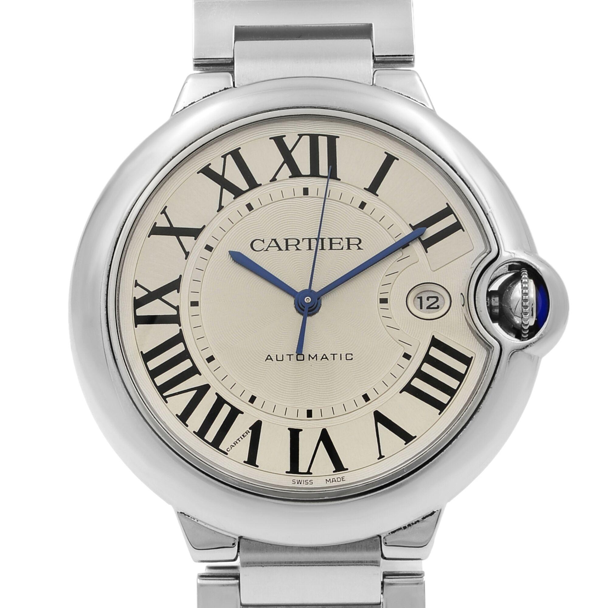 This pre-owned Cartier Ballon Bleu W69012Z4 is a beautiful men's timepiece that is powered by an automatic movement which is cased in a stainless steel case. It has a round shape face, date dial and has hand roman numerals style markers. It is