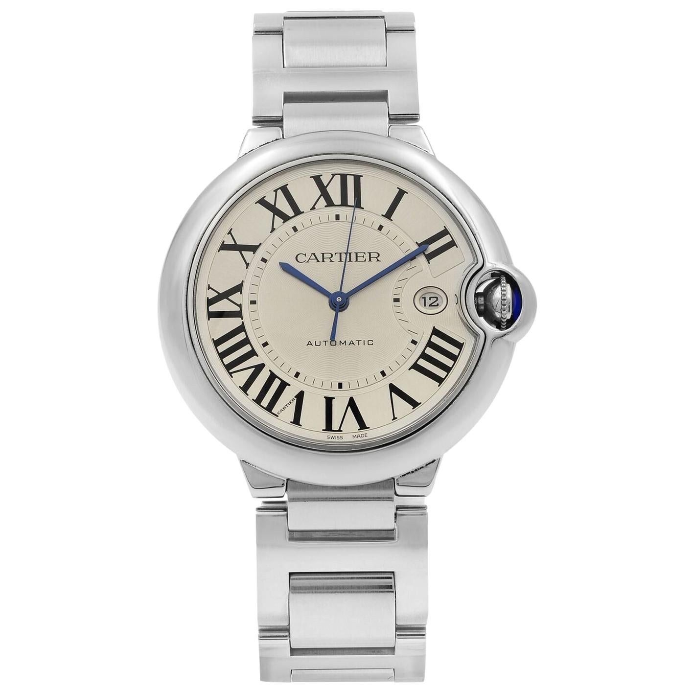 Cartier Ballon Bleu Silver Roman Guilloche Steel Automatic Men's Watch W69012Z4