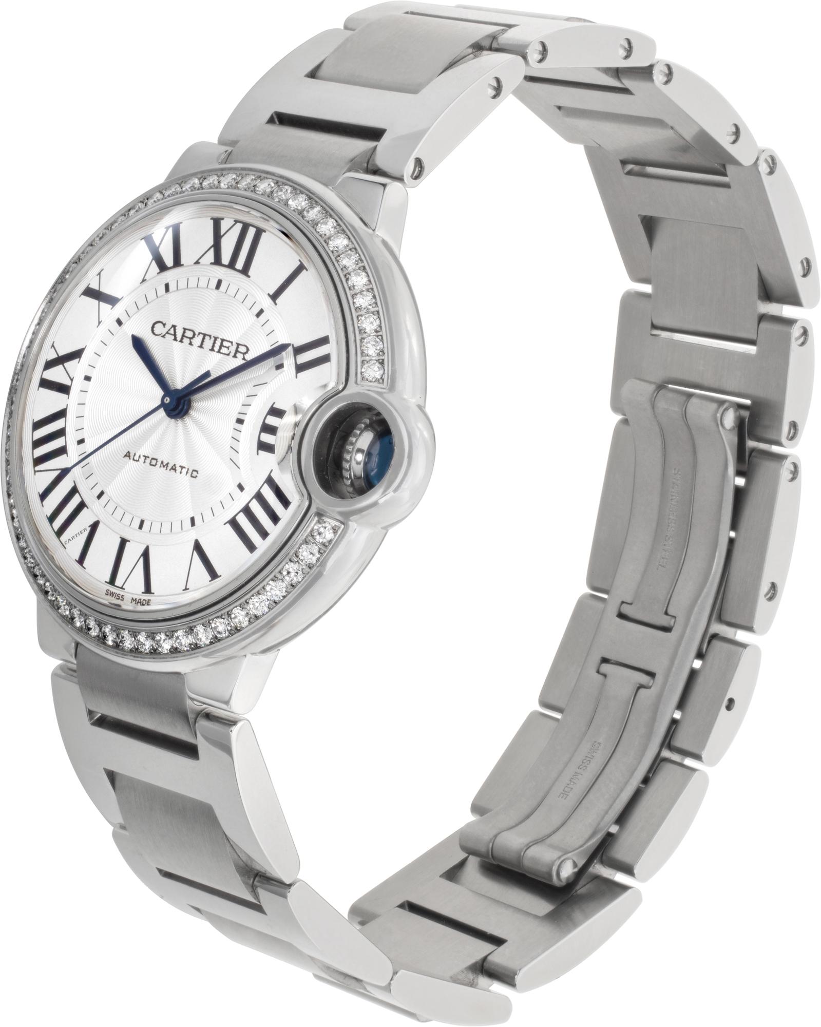 Cartier Ballon Bleu in stainless steel with an original factory set diamond bezel with a silver roman numeral dial. Auto w/ sweep seconds. 36 mm case size. Ref w4bb0024. Fine Pre-owned Cartier Watch.

 Certified preowned Classic Cartier Ballon Bleu