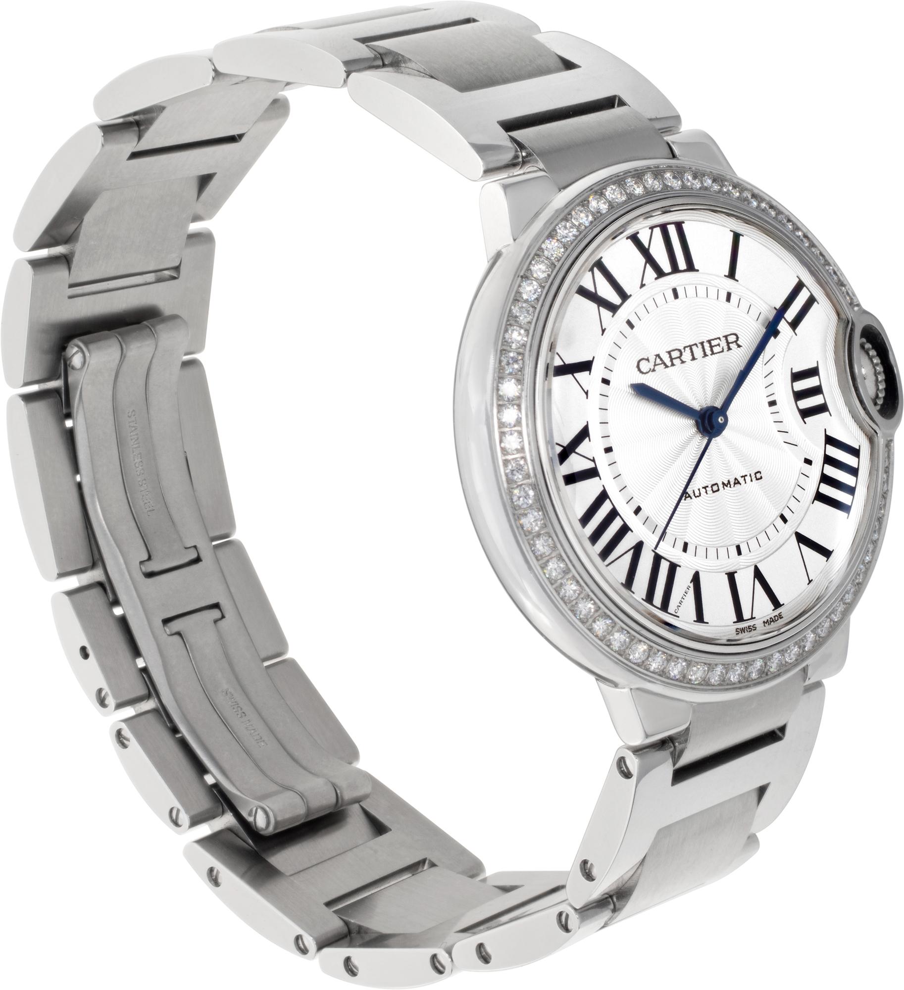 Cartier Ballon Bleu Stainless Steel Automatic Wristwatch Factory Diamond Bezel In Excellent Condition For Sale In Surfside, FL