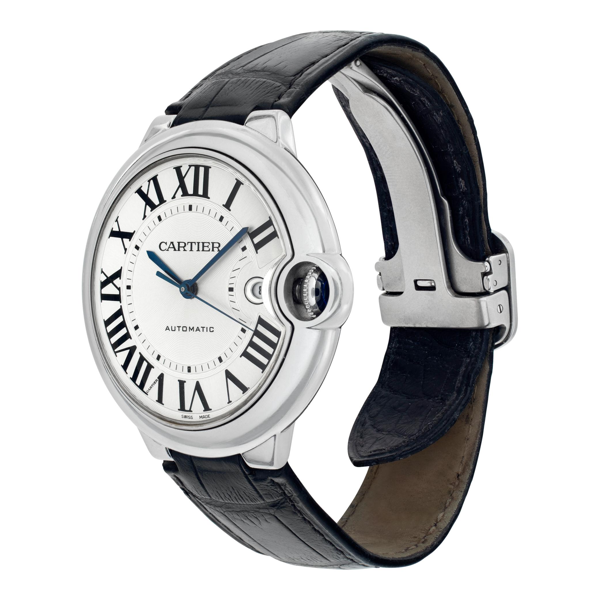 Cartier Ballon Bleu in stainless steel on an alligator strap with deployant buckle. Auto w/ sweep seconds and date. Box and papers.42 mm case size. Ref WSBB0026. Circa 2016. Fine Pre-owned Cartier Watch.

 Certified preowned Sport Cartier Ballon
