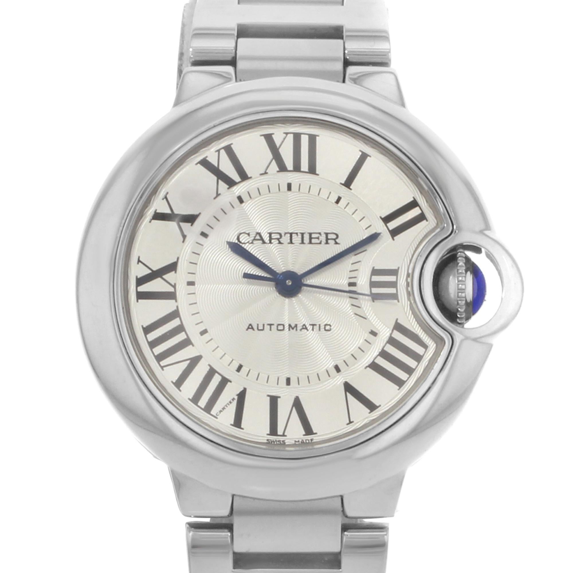 This pre-owned Cartier Ballon Bleu W6920071 is a beautiful Ladie's timepiece that is powered by mechanical (automatic) movement which is cased in a stainless steel case. It has a round shape face, no features dial and has hand roman numerals style