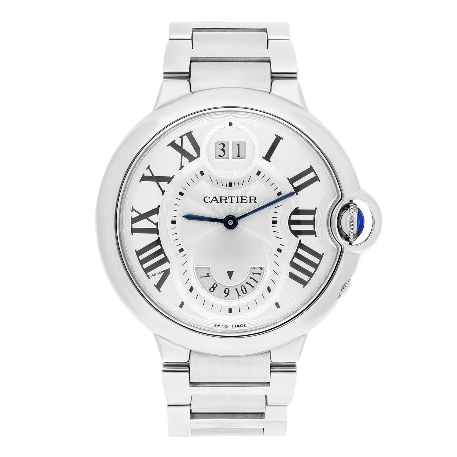 This Cartier Ballon Bleu wristwatch is a luxurious and classic timepiece for men. The watch features a round 38mm stainless steel case with a solid caseback and a silver bezel. The dial is silver with a guilloche pattern and displays dual time and