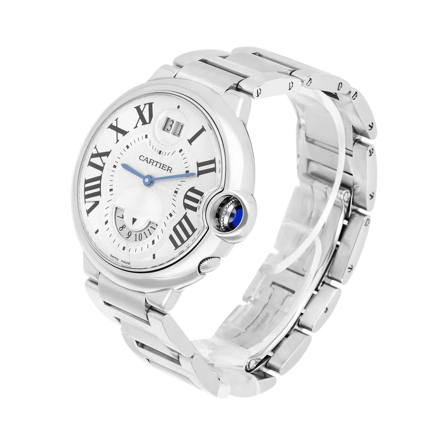 Modern Cartier Ballon Bleu Stainless Steel Two Timezone Quartz Watch 38MM W6920011 For Sale
