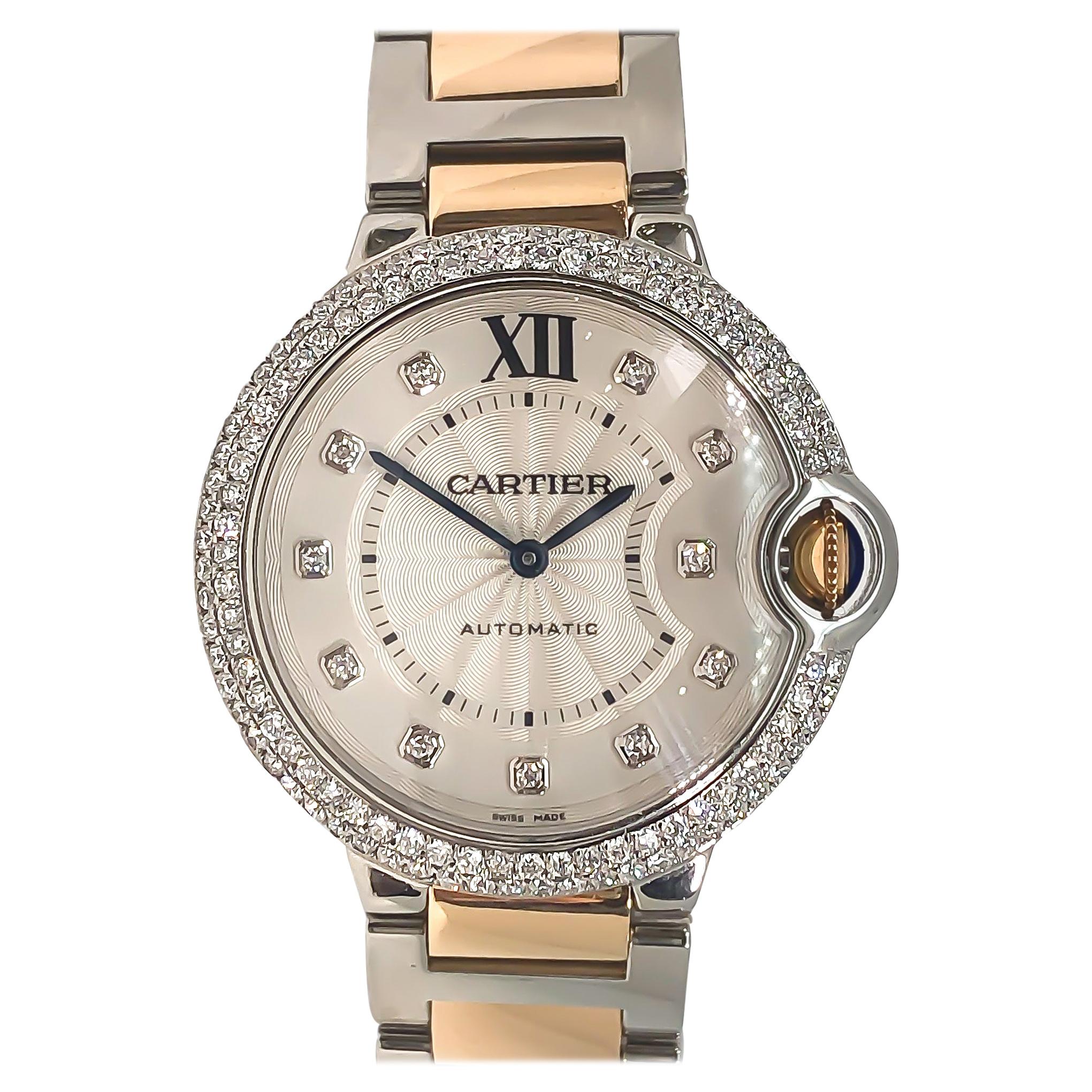 Cartier Ballon Bleu Steel and Rose Gold Diamond Bezel Markers Automatic 2 Carat