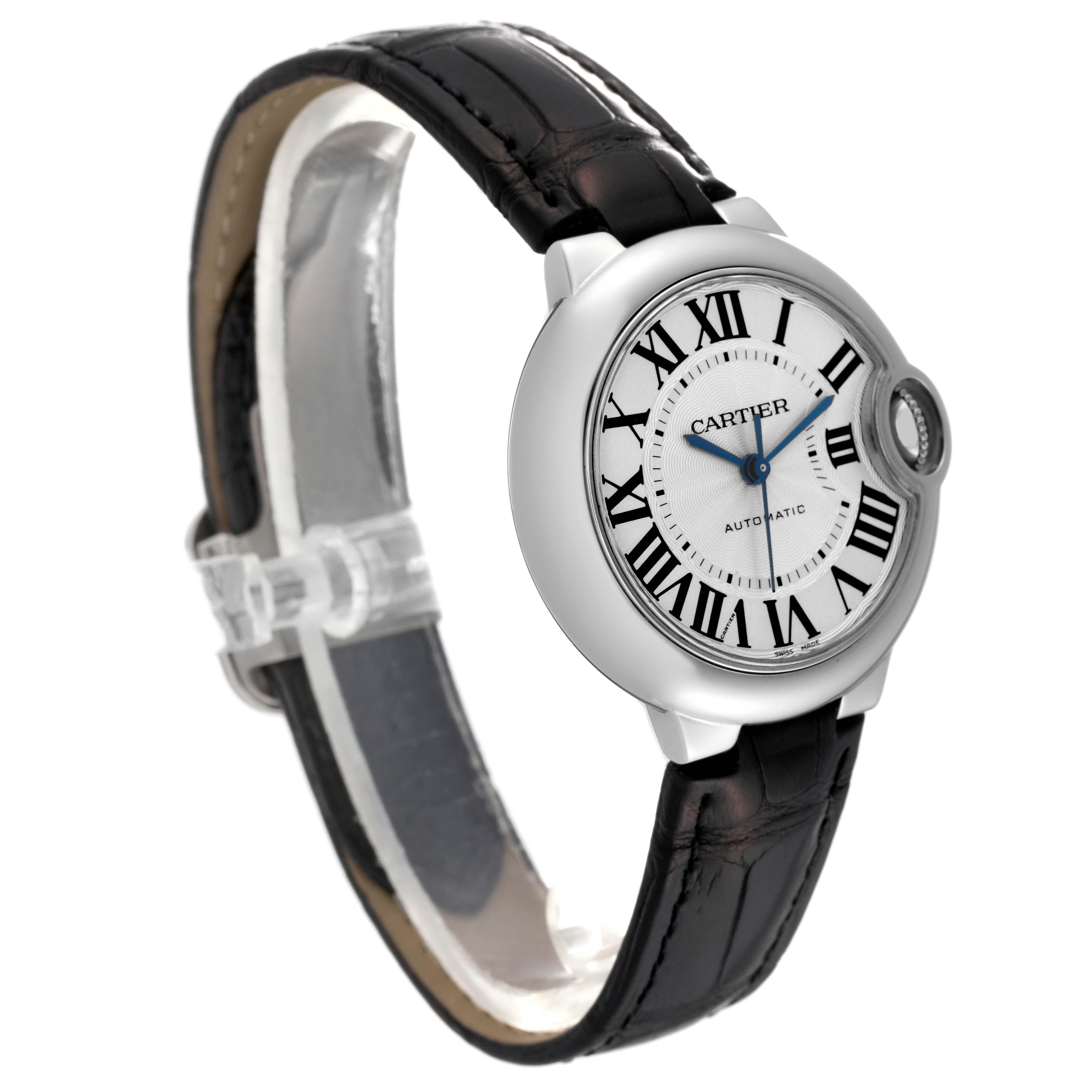 Cartier Ballon Bleu Steel Automatic Ladies Watch W6920085. Automatic self-winding movement. Caliber 076. Stainless steel case 33.0 mm in diameter. Fluted crown set with the blue spinel cabochon. Stainless steel smooth bezel. Scratch resistant