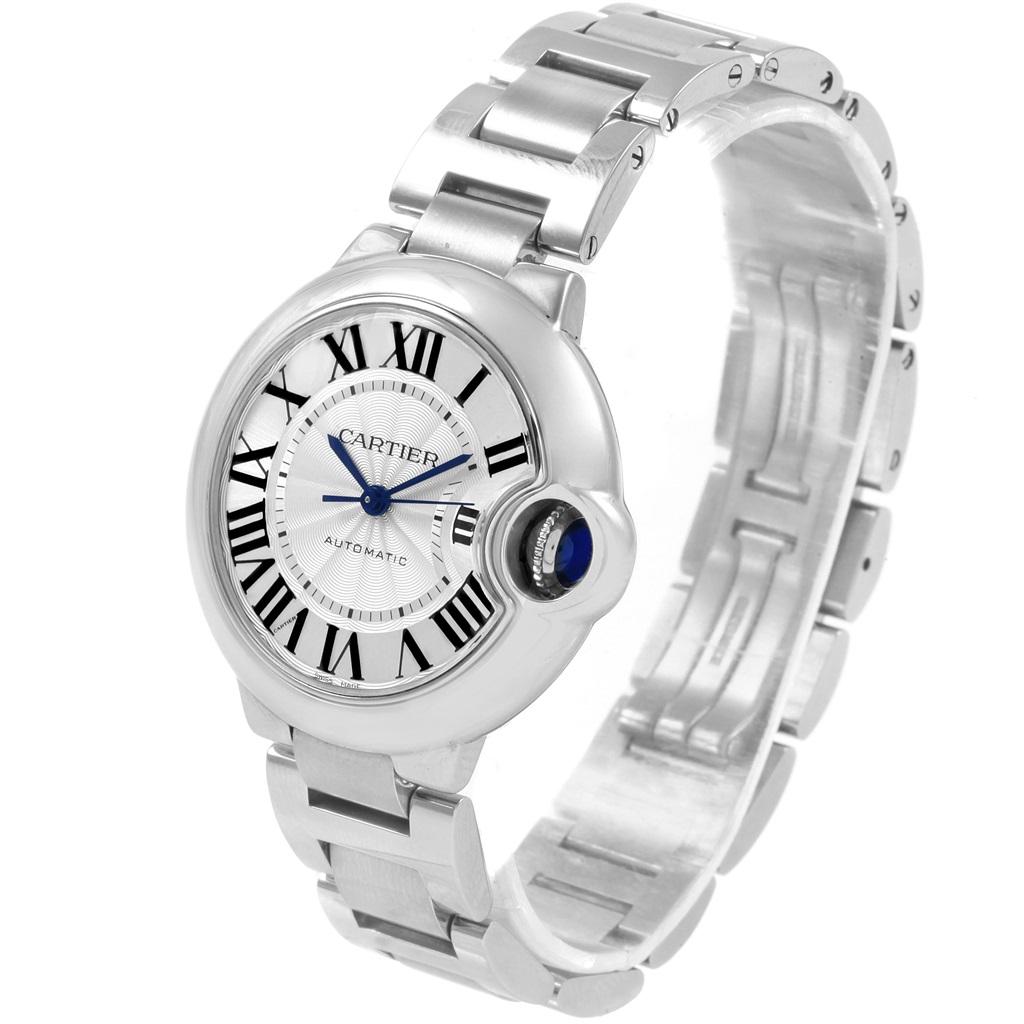 Cartier Ballon Bleu Stainless Steel Automatic Womens Watch W6920071. Automatic self-winding movement. Caliber 076. Stainless steel case 33.0 mm in diameter. Fluted crown set with the blue spinel cabochon. Stainless steel fixed smooth bezel. Scratch