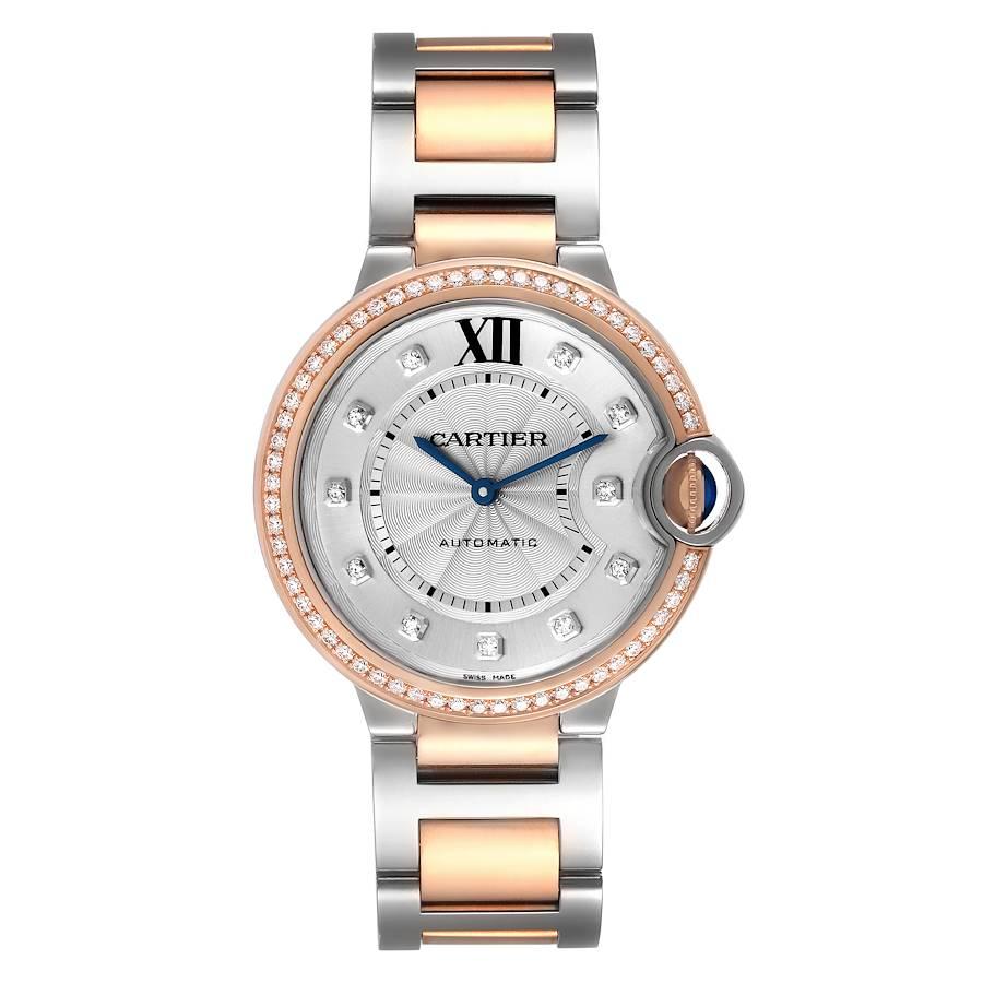 Cartier Ballon Bleu Stahl Rose Gold Diamant Lünette Damenuhr W3BB0004. Automatisches Uhrwerk mit Selbstaufzug. Rundes Gehäuse aus Edelstahl und Roségold mit einem Durchmesser von 36 mm. Geriffelte Krone, besetzt mit einem blauen Spinell-Cabochon.