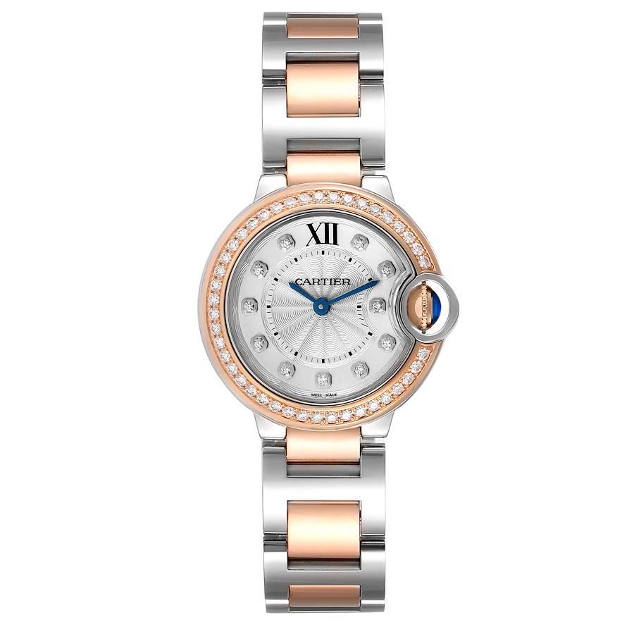 Cartier Ballon Bleu Steel Rose Gold Diamond Ladies Watch W3BB0009 Box Papers. Quartz movement. Round stainless steel and Rose Gold case 28 mm in diameter. Fluted crown set with the blue spinel cabochon. Original Cartier factory diamond bezel.