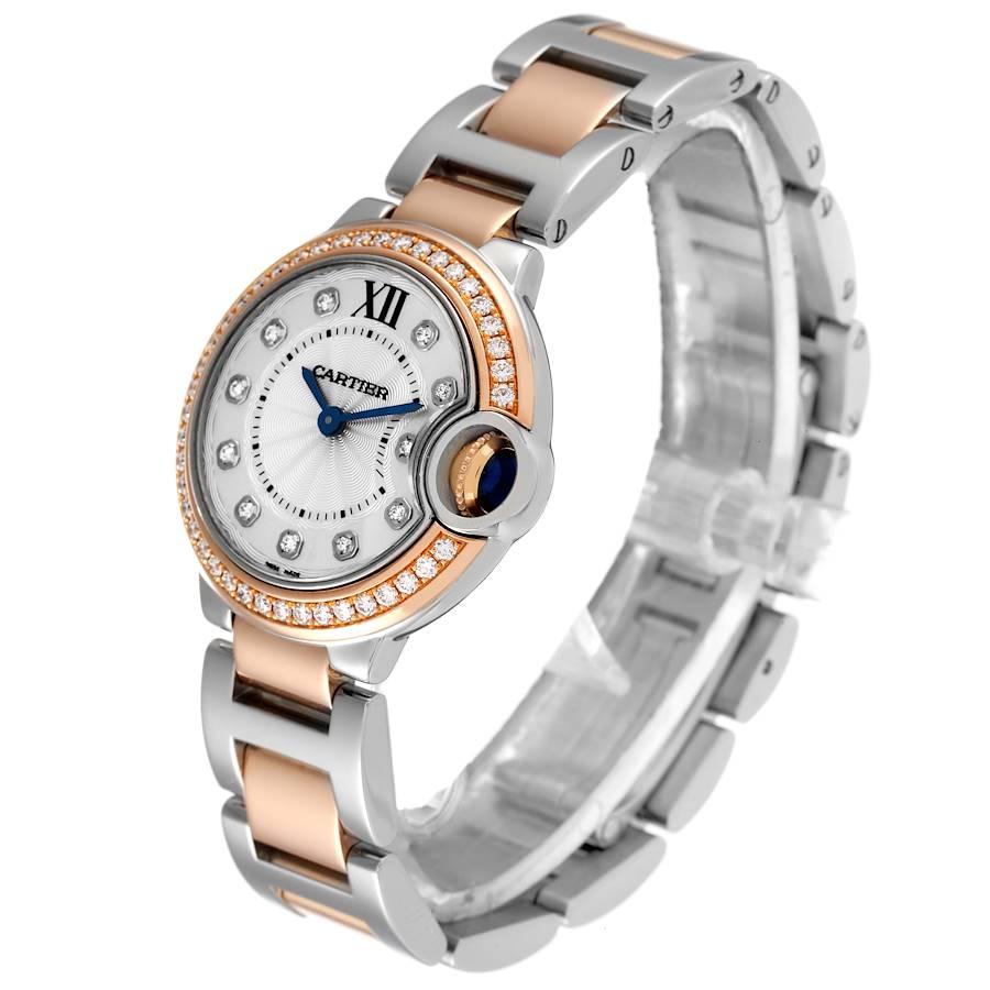 Cartier Ballon Bleu Steel Rose Gold Diamond Ladies Watch W3BB0009 Box Papers In Excellent Condition In Atlanta, GA