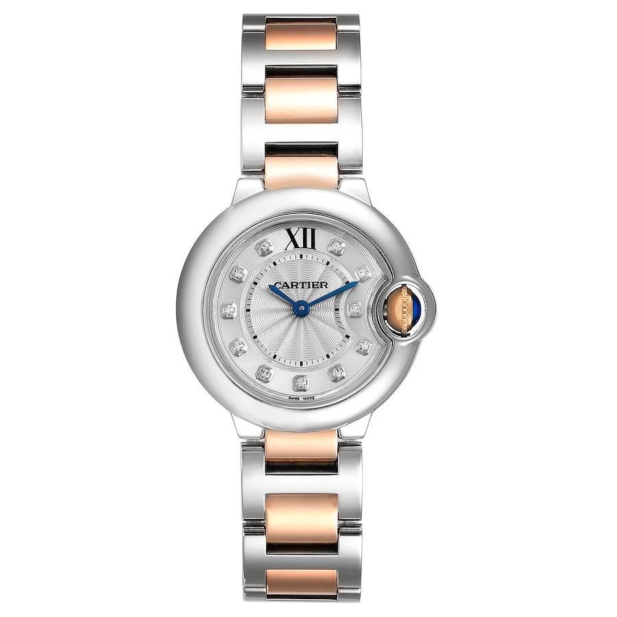 Cartier Ballon Bleu Steel Rose Gold Diamond Ladies Watch WE902030. Quartz movement. Caliber 049. Round stainless steel case 29.0 mm in diameter. 18k rose gold fluted crown set with the blue spinel cabochon. Stainless steel smooth bezel. Scratch