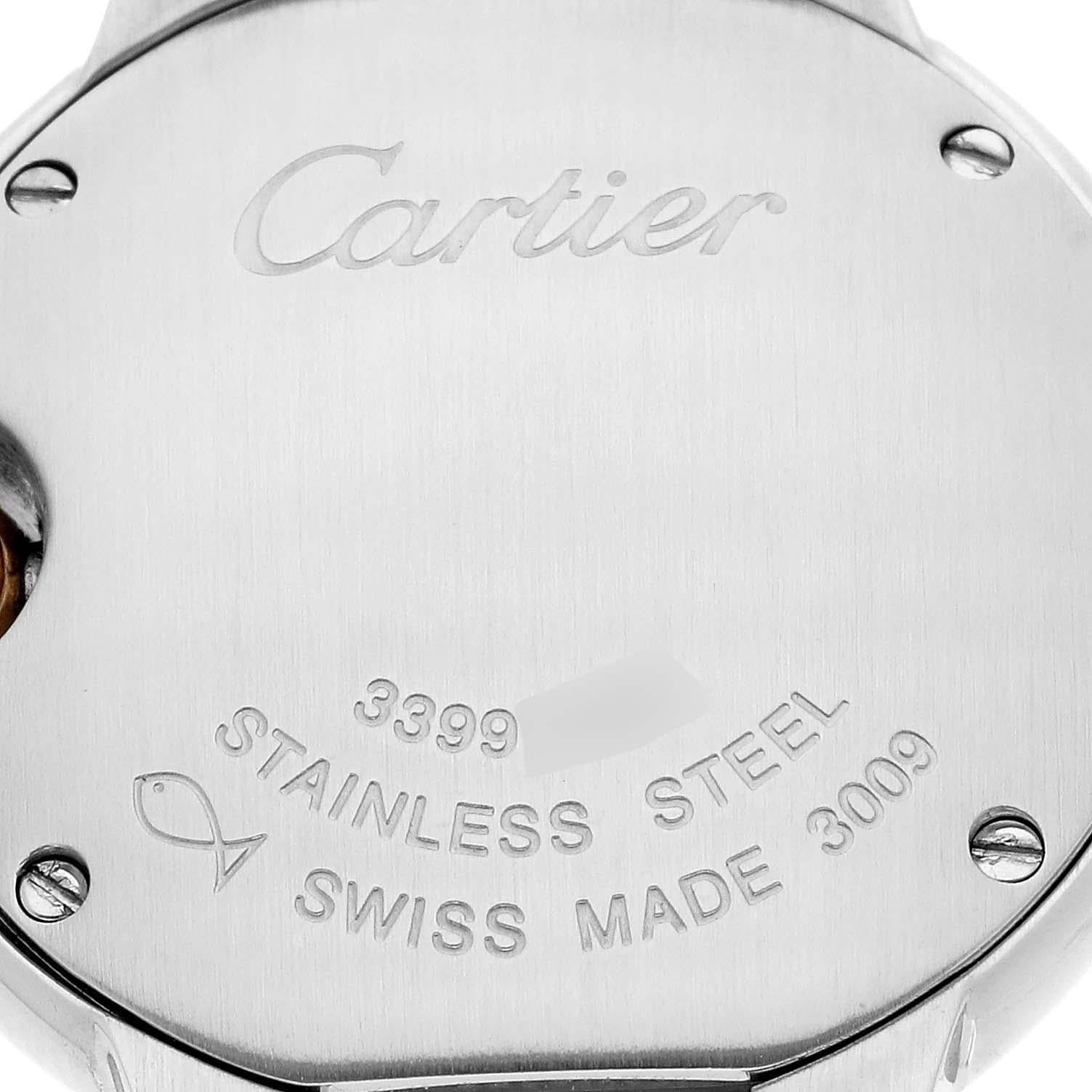 Cartier Ballon Bleu Steel Rose Gold Diamond Ladies Watch WE902030. Quartz movement. Round stainless steel case 28.0 mm in diameter. 18k rose gold fluted crown set with the blue spinel cabochon. Stainless steel smooth bezel. Scratch resistant