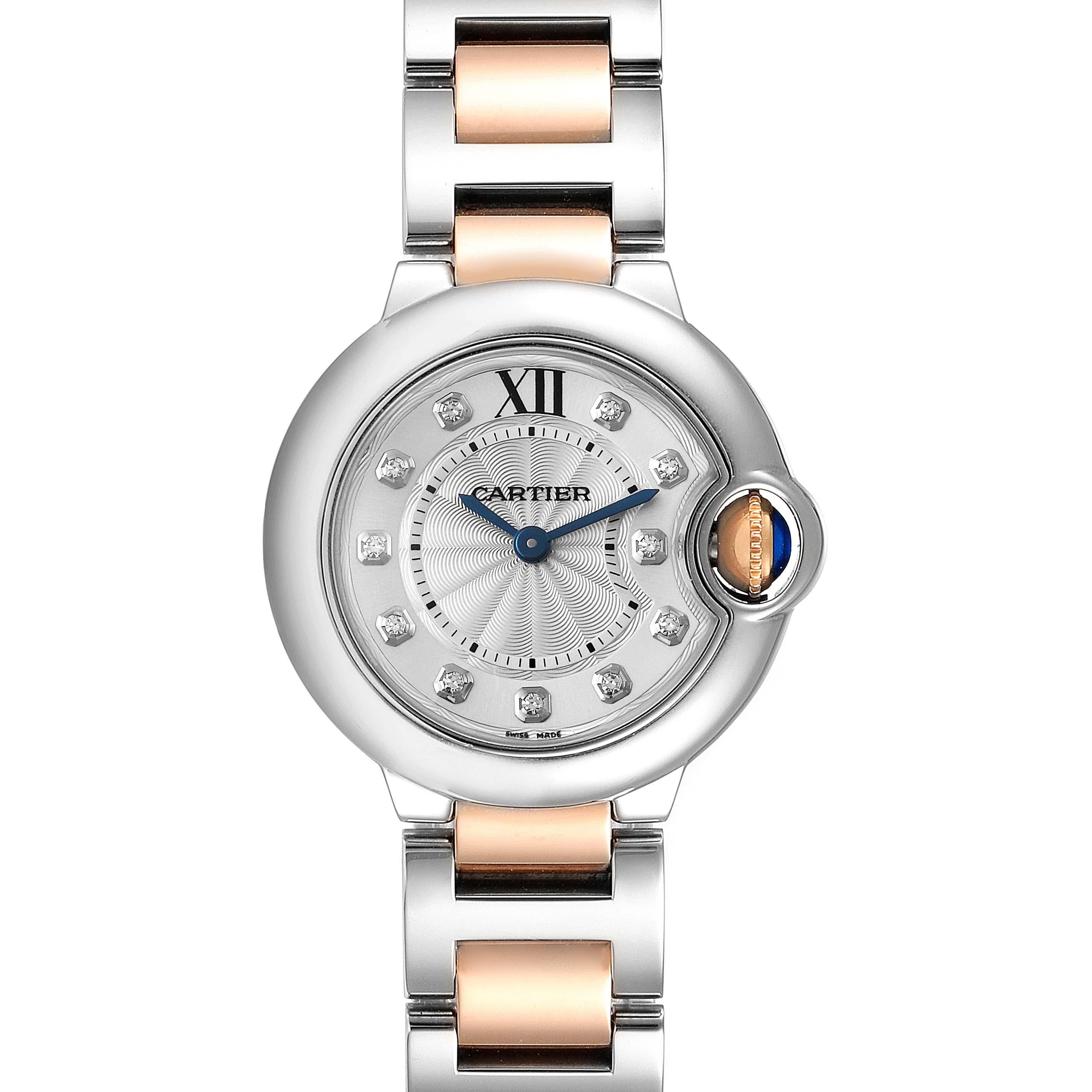 Cartier Ballon Bleu Steel Rose Gold Diamond Ladies Watch WE902030. Quartz movement. Caliber 049. Round stainless steel case 29.0 mm in diameter. 18k rose gold fluted crown set with the blue spinel cabochon. Stainless steel smooth bezel. Scratch