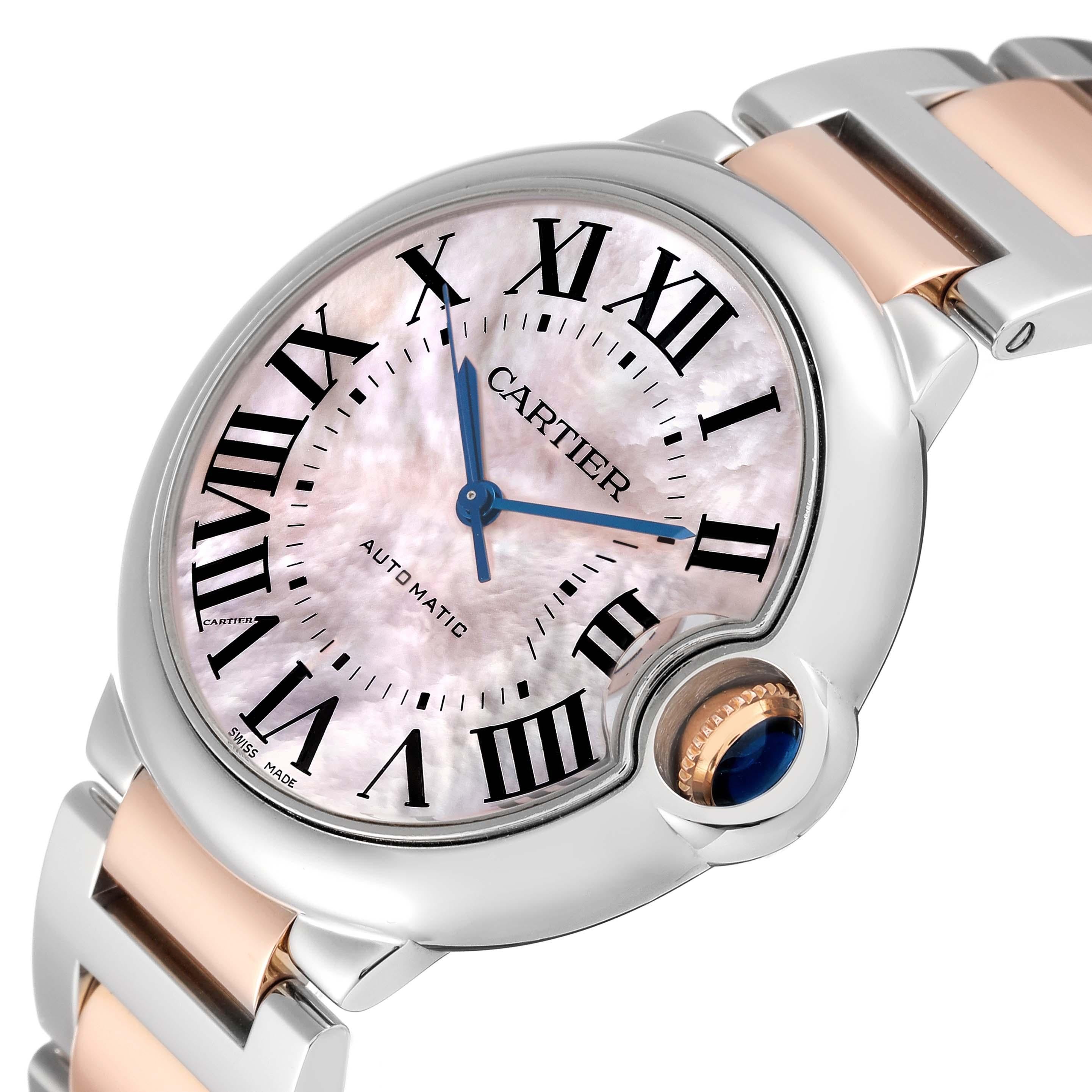 Cartier Ballon Bleu Steel Rose Gold Mother of Pearl Ladies Watch W6920033 Papers In Excellent Condition In Atlanta, GA