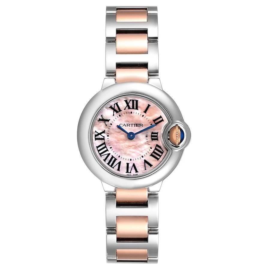 Cartier Ballon Bleu Steel Rose Gold Pink MOP Dial Ladies Watch W6920034. Quartz movement. Round stainless steel case 28 mm in diameter. Fluted 18K rose gold crown set with the blue spinel cabochon. Stainless steel smooth bezel. Scratch resistant