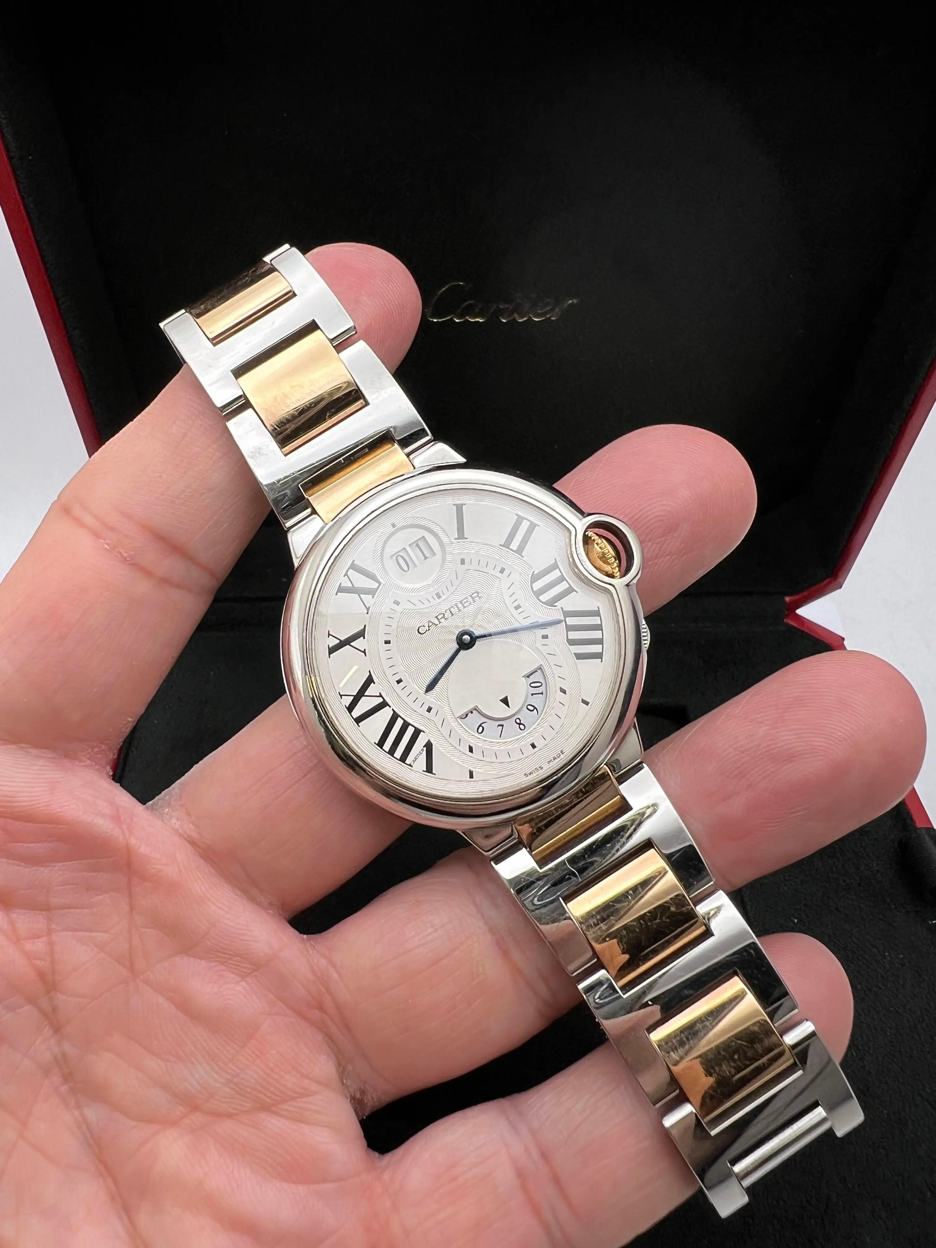 Cartier Ballon Bleu Two Timezone GMT W6920027 18K Rose Steel Quartz Silver Dial In Excellent Condition For Sale In New York, NY