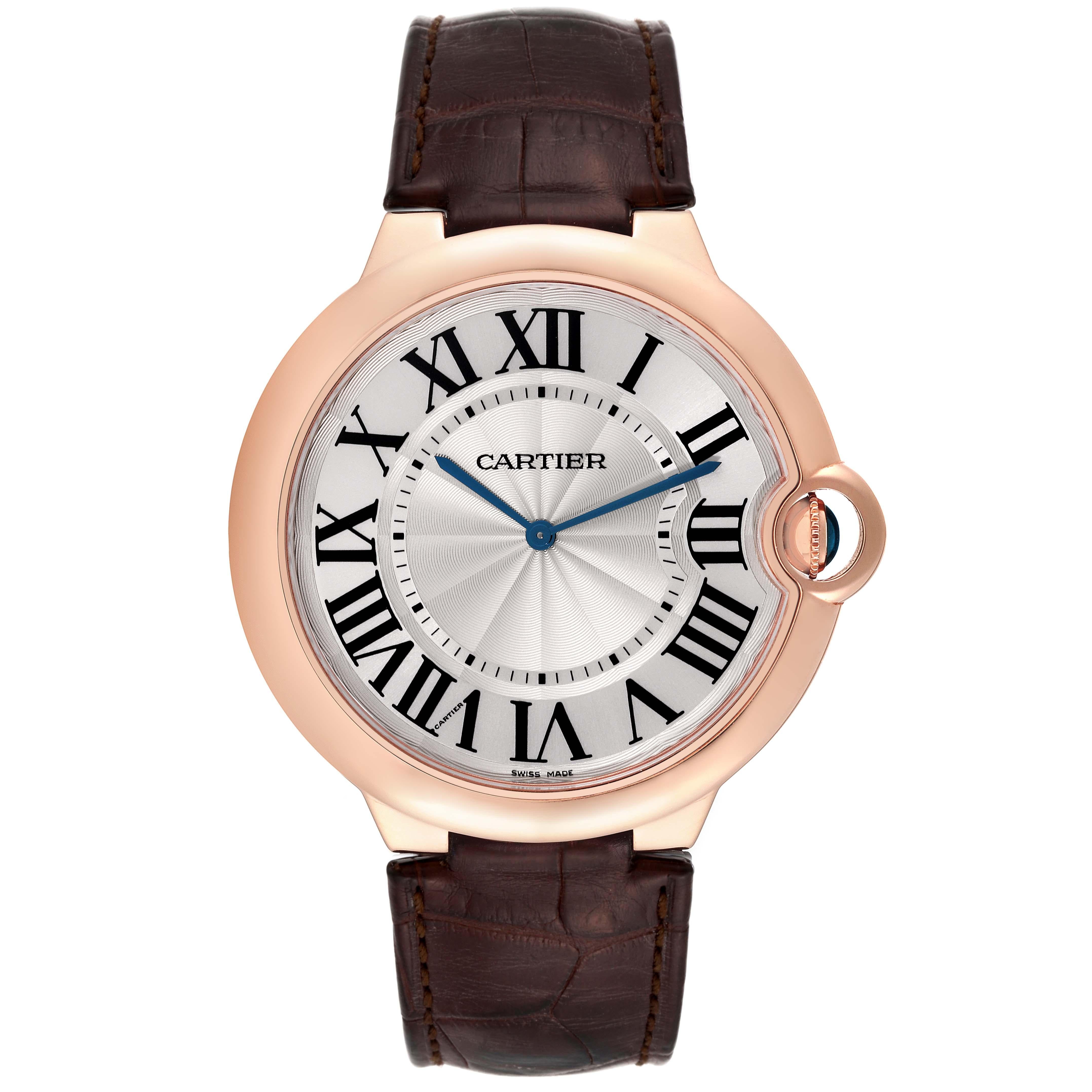 Cartier Ballon Bleu Ultra Thin 46 mm Rose Gold Mens Watch W6920054. Manual winding movement. 18K rose gold case 46.0 mm in diameter, 6.9 mm thick. Fluted crown set with the blue sapphire cabochon. Smooth 18K rose gold bezel. Scratch resistant