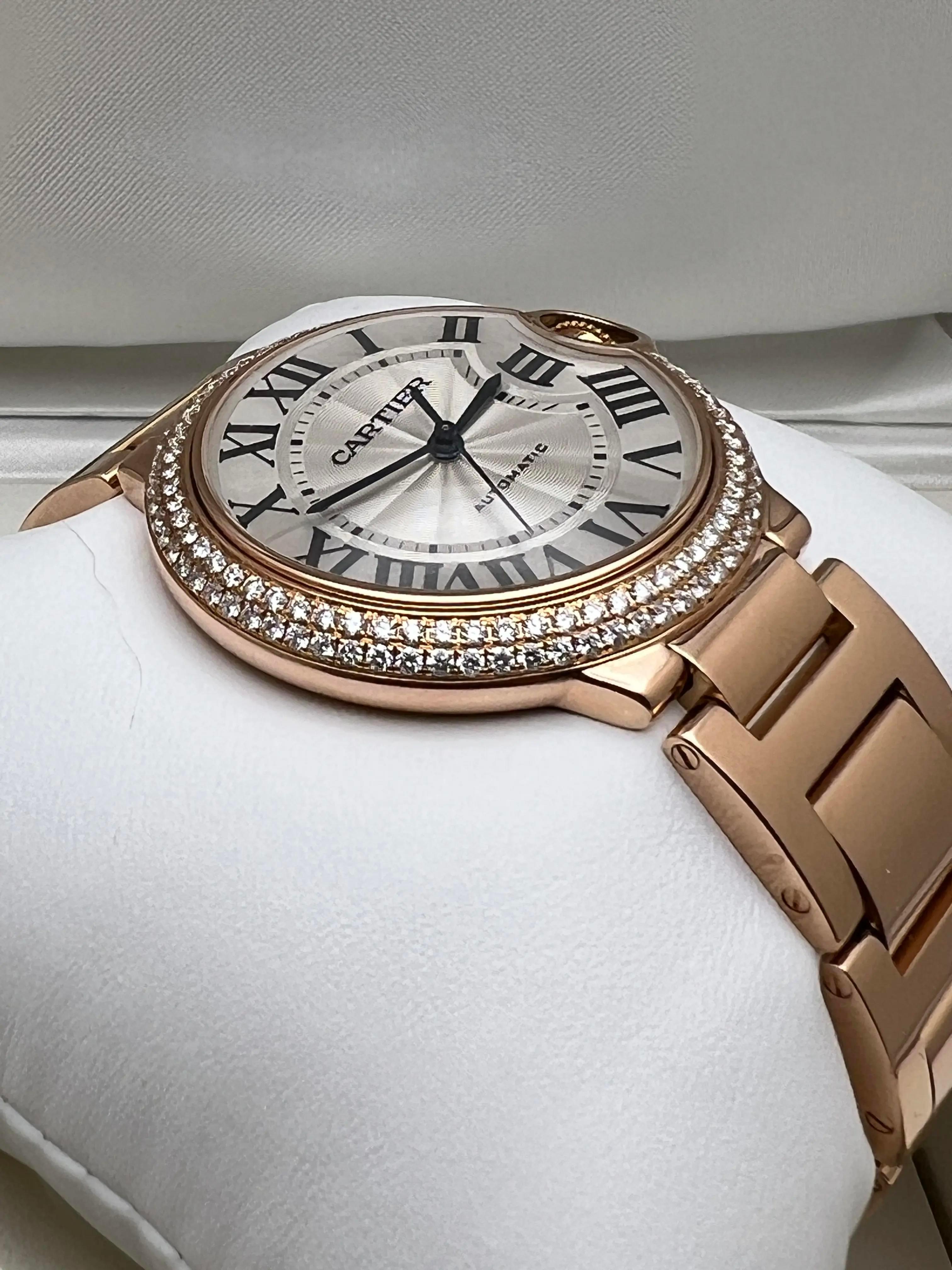 Cartier Ballon Bleu W69004Z2 36mm 18K Rose Gold Custom Diamond Bezel 2 CT B&P For Sale 5