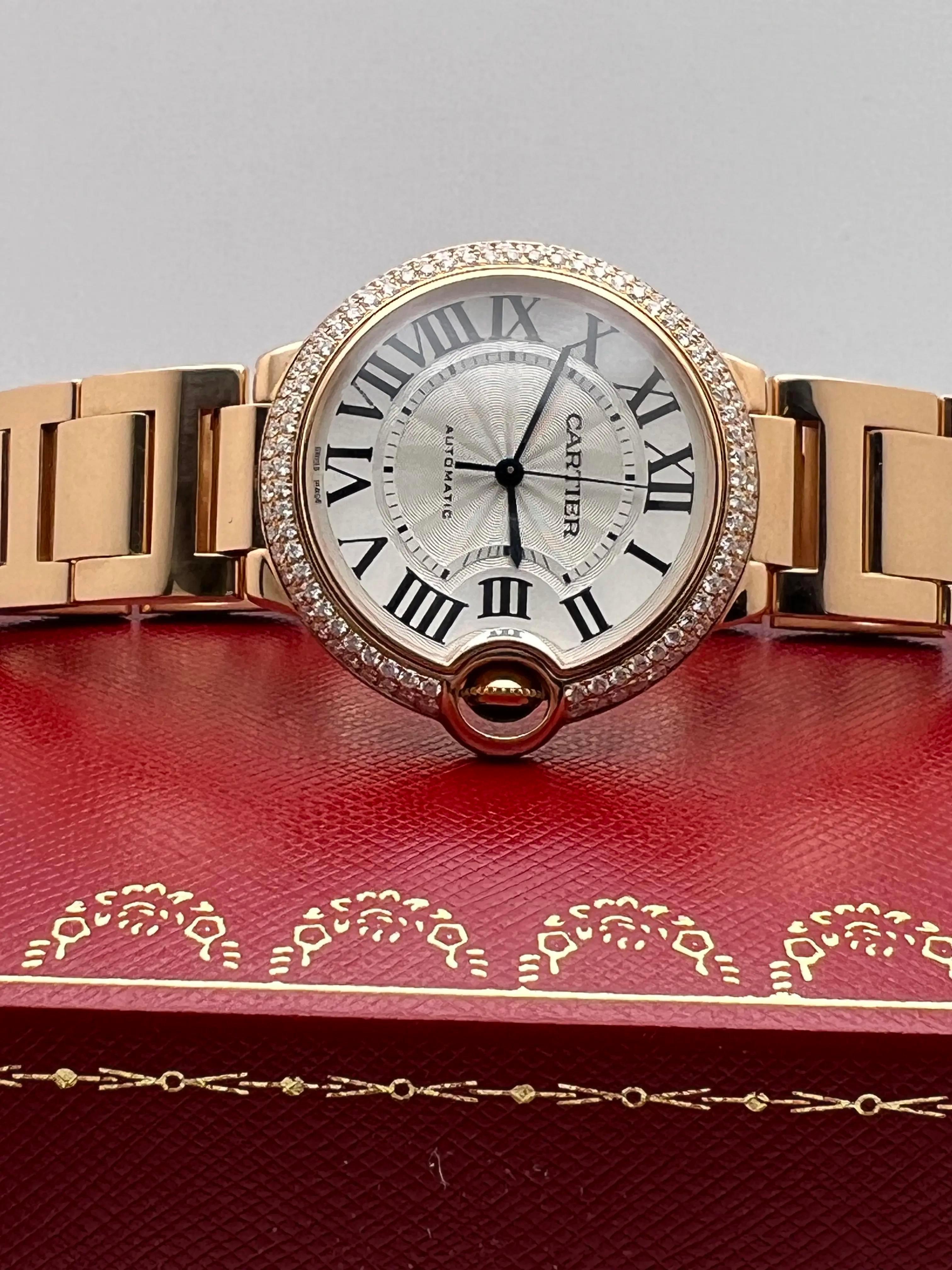 Round Cut Cartier Ballon Bleu W69004Z2 36mm 18K Rose Gold Custom Diamond Bezel 2 CT B&P For Sale