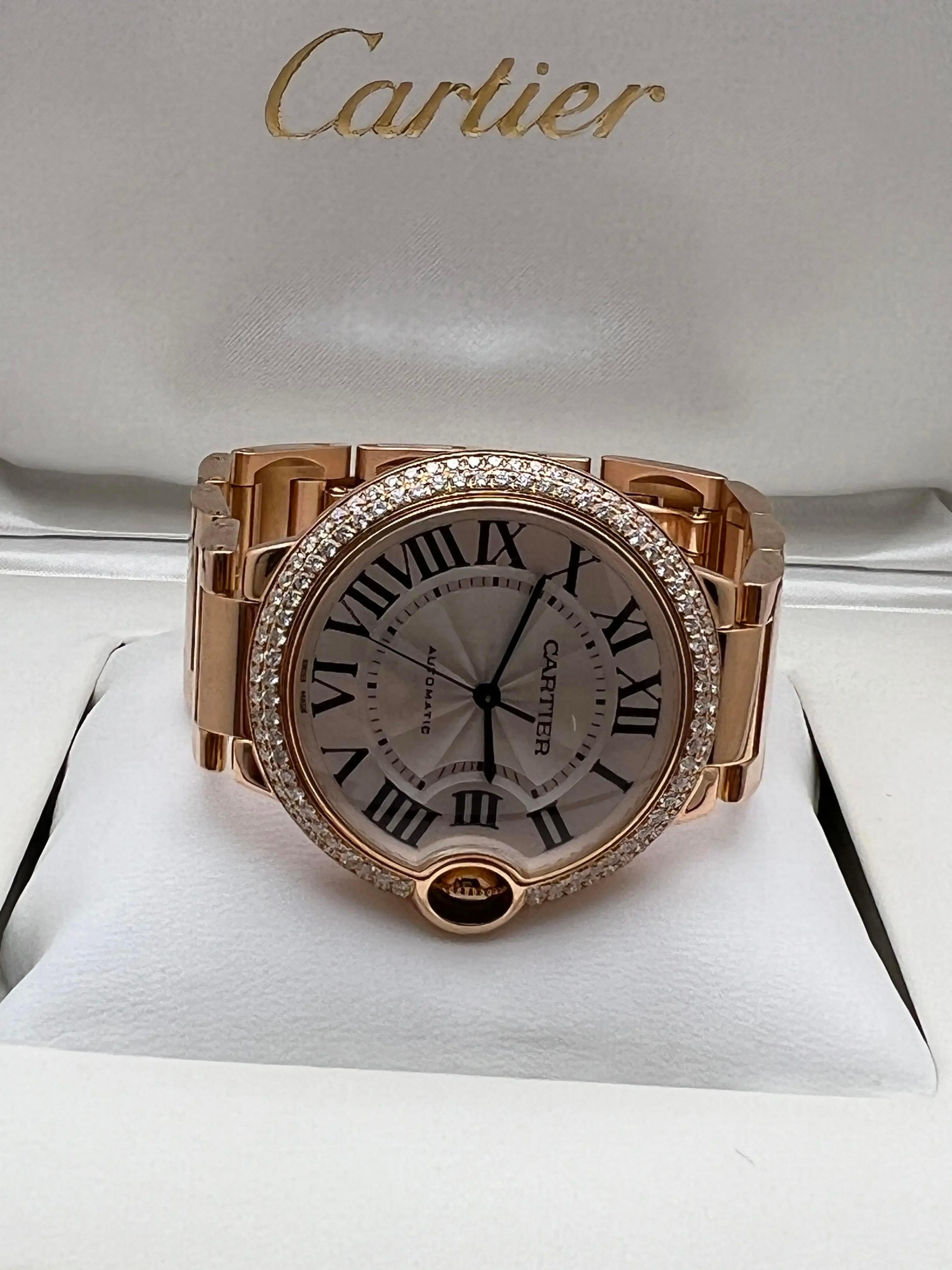Cartier Ballon Bleu W69004Z2 36mm 18K Rose Gold Custom Diamond Bezel 2 CT B&P In Excellent Condition For Sale In New York, NY