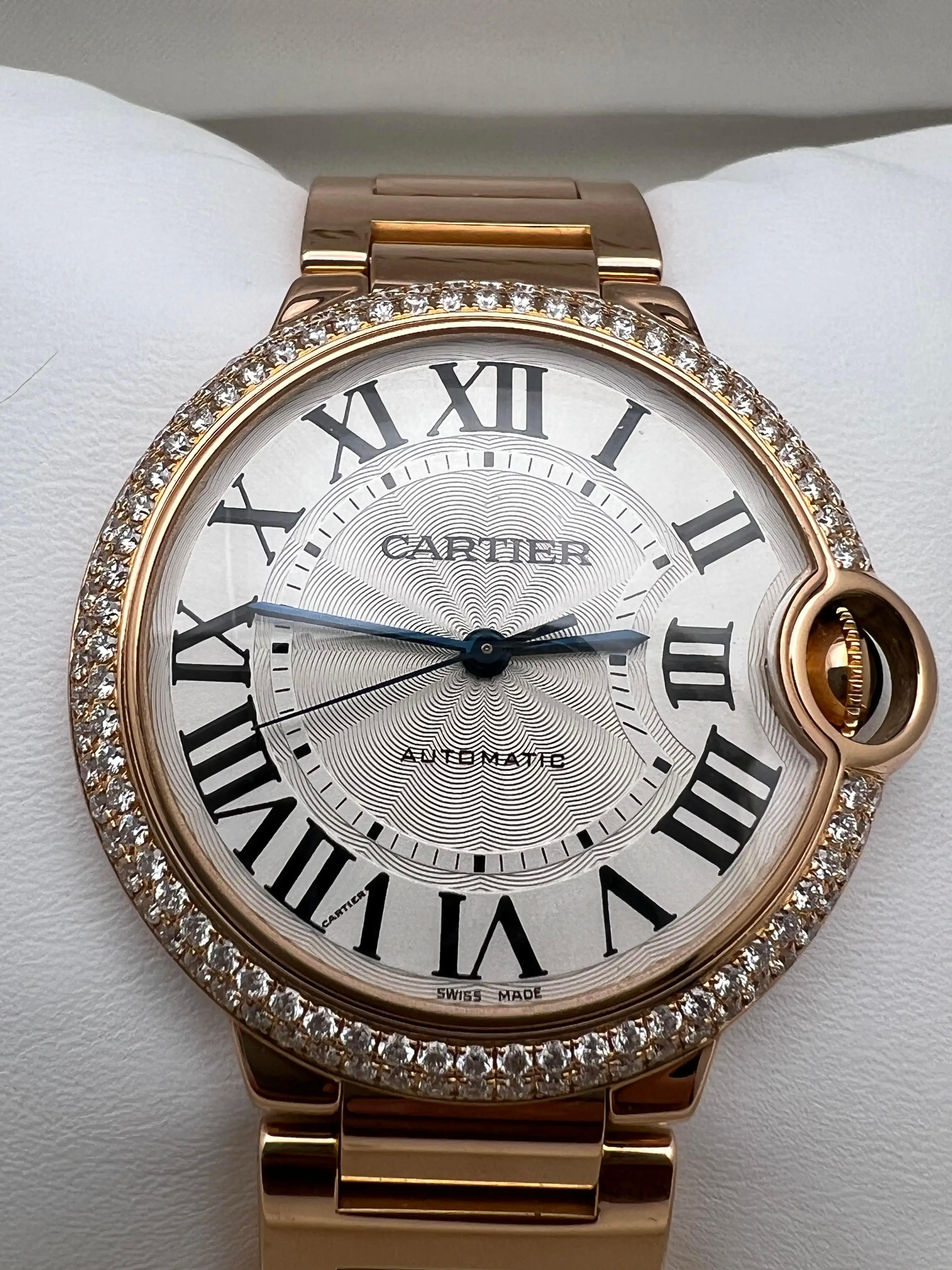 Women's or Men's Cartier Ballon Bleu W69004Z2 36mm 18K Rose Gold Custom Diamond Bezel 2 CT B&P For Sale