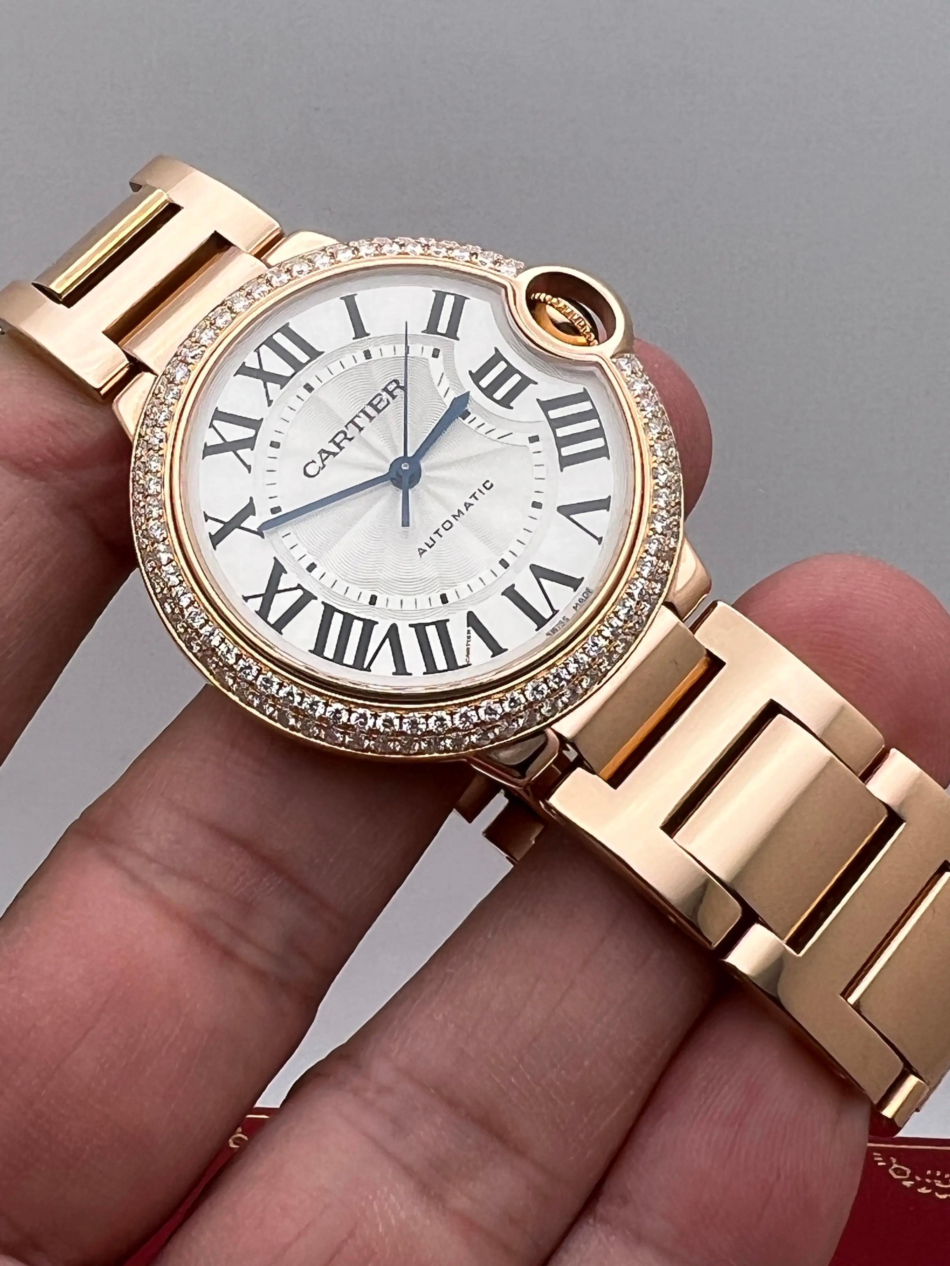 Cartier Ballon Bleu W69004Z2 36mm 18K Rose Gold Custom Diamond Bezel 2 CT B&P For Sale 1