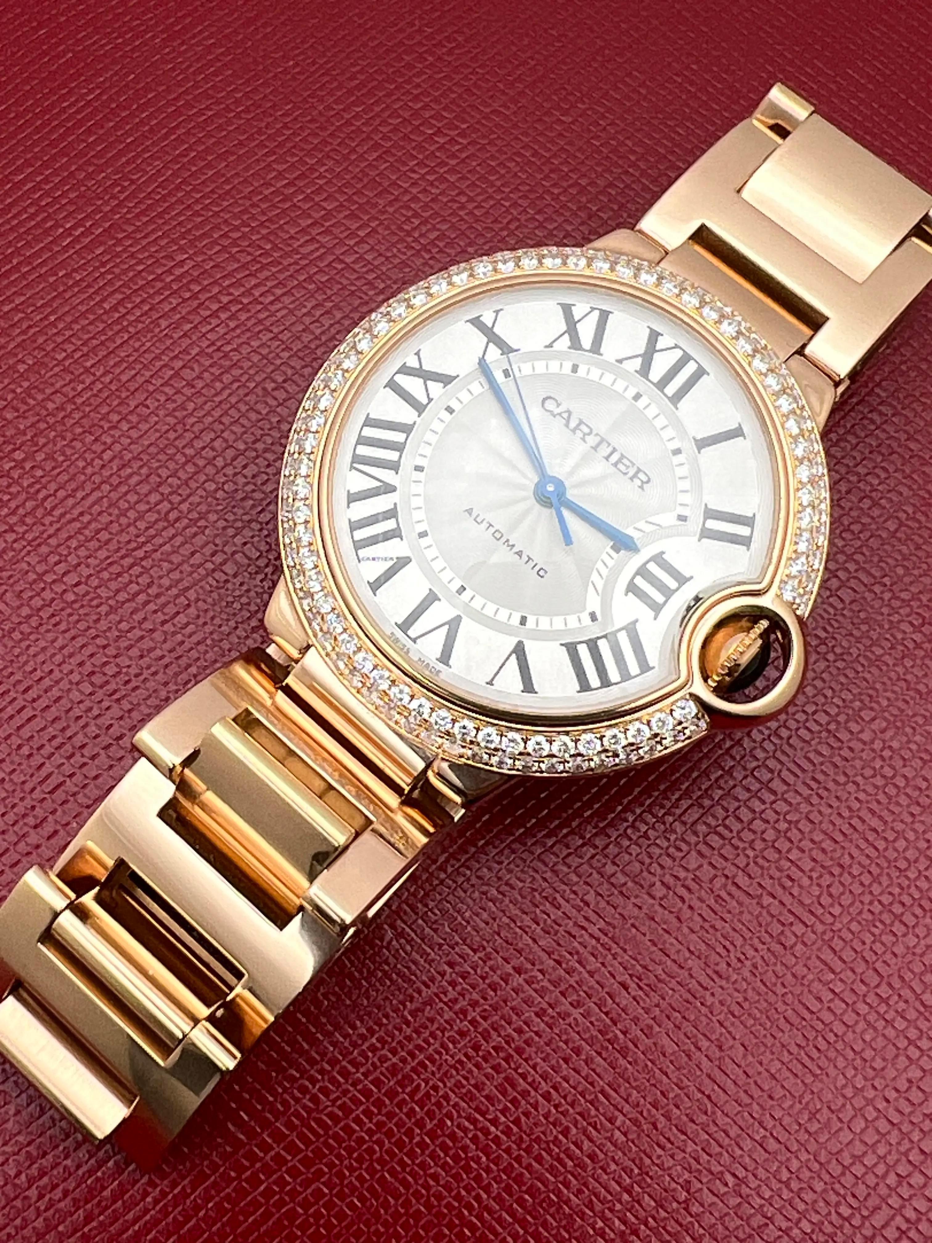 Cartier Ballon Bleu W69004Z2 36mm 18K Rose Gold Custom Diamond Bezel 2 CT B&P For Sale 2
