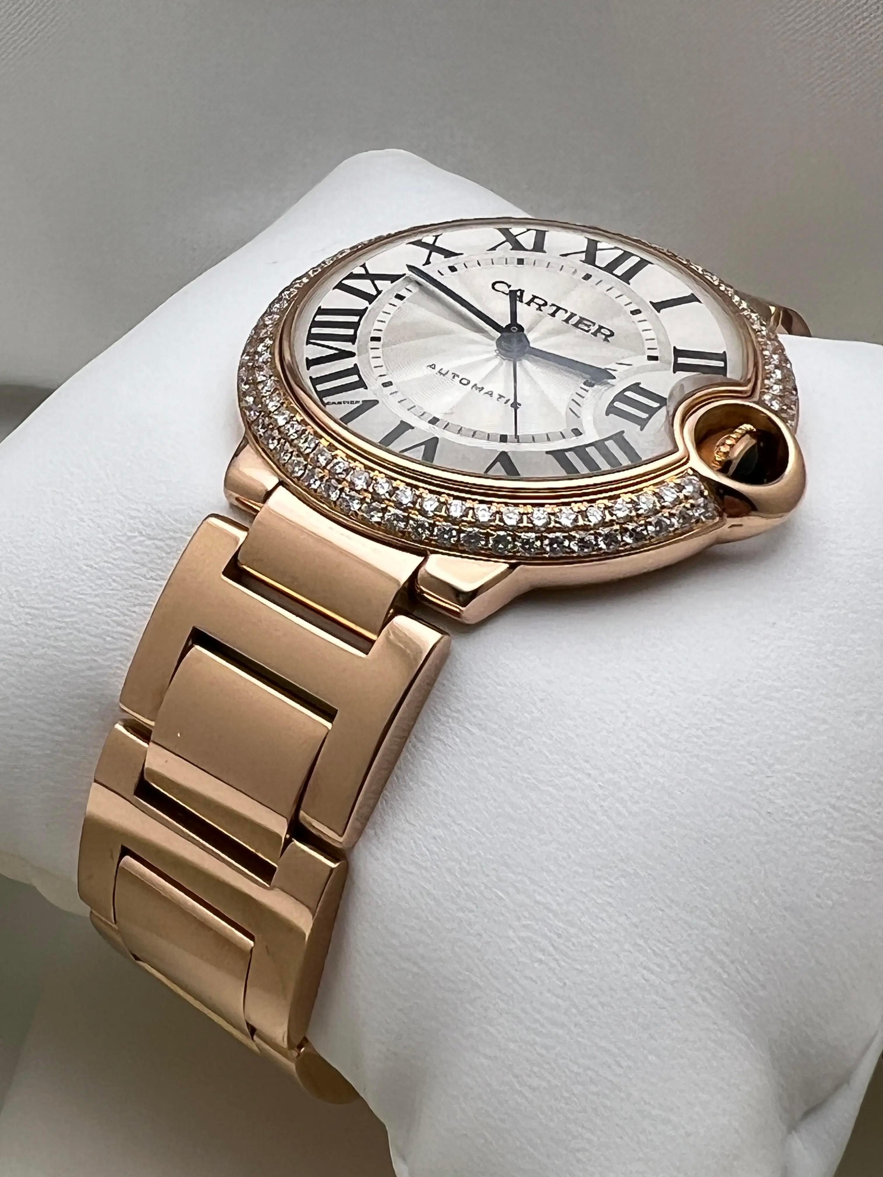 Cartier Ballon Bleu W69004Z2 36mm 18K Rose Gold Custom Diamond Bezel 2 CT B&P For Sale 3