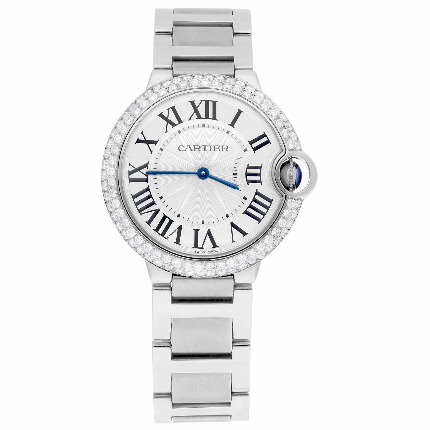 Brand: Cartier
Series: Ballon Bleu
Model: W69011Z4
Case Diameter: 36 mm
Bezel: Custom diamond set, 2Ct of Natural Diamonds
Dial: Silver Dial
The sale includes a Cartier box and an appraisal certificate which states the watch's credentials
Attached