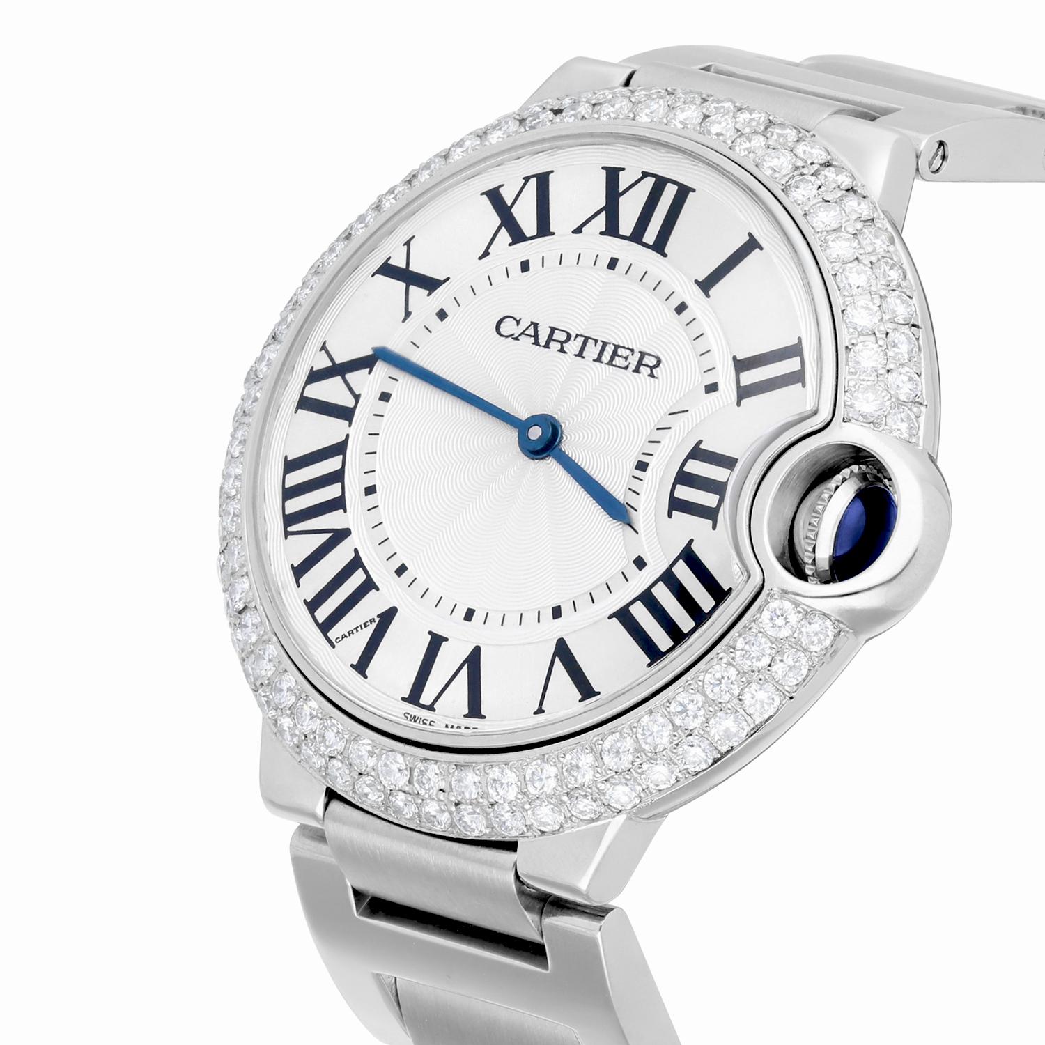 Cartier Ballon Bleu W69011Z4 36mm Unisex Watch Custom Diamond Bezel In New Condition For Sale In New York, NY