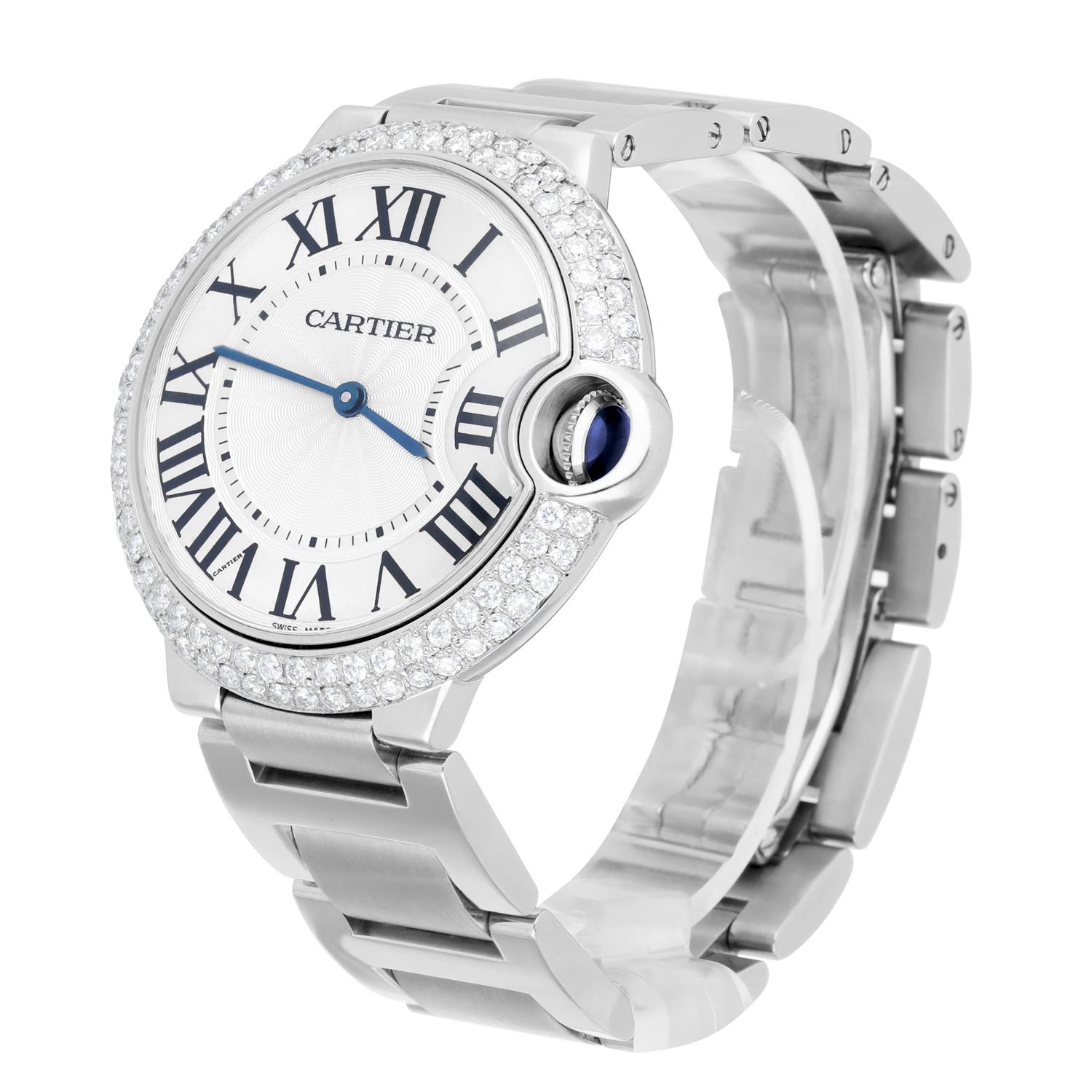Cartier Ballon Bleu W69011Z4 36mm Unisex Watch Custom Diamond Bezel For Sale 1