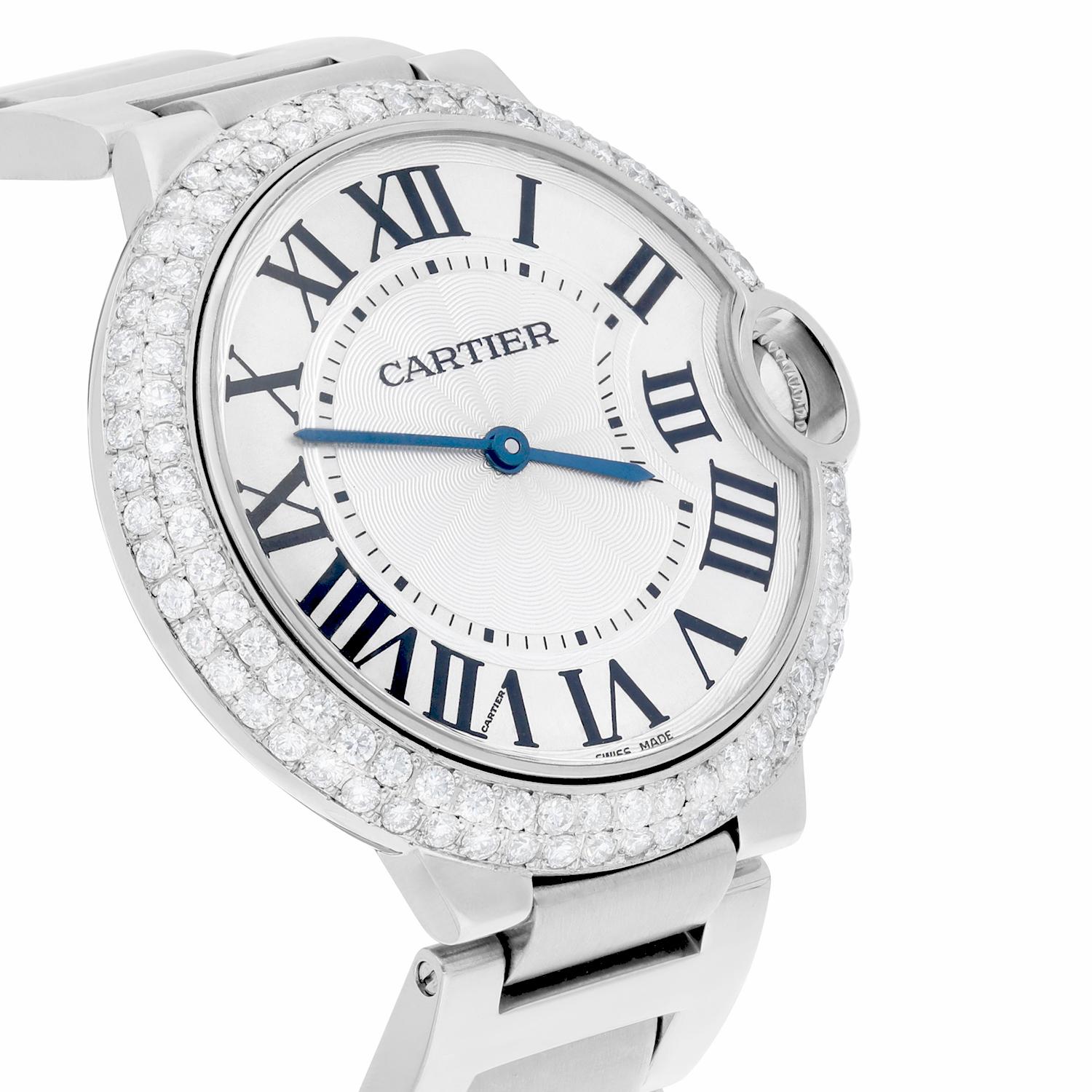 Cartier Ballon Bleu W69011Z4 36mm Unisex Watch Custom Diamond Bezel For Sale 2